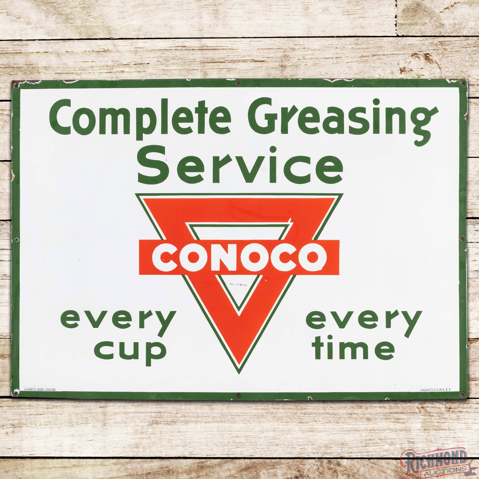 Conoco Complete Greasing Service "Every Cup Every Time" 40" Single Sided Porcelain Sign w/ Logo: SSP (single sided porcelain) sign has excellent color and gloss. The field is clean with a tiny flake in the logo and minor imperfections in the outer fields. The perimeter has small chips along the o