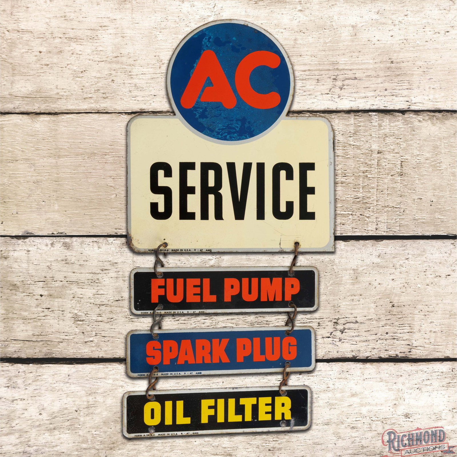 1947 AC Service Fuel Pump Spark Plug Oil Filter Double Sided Tin Flange Sign w/ Attachments (1 of 4)