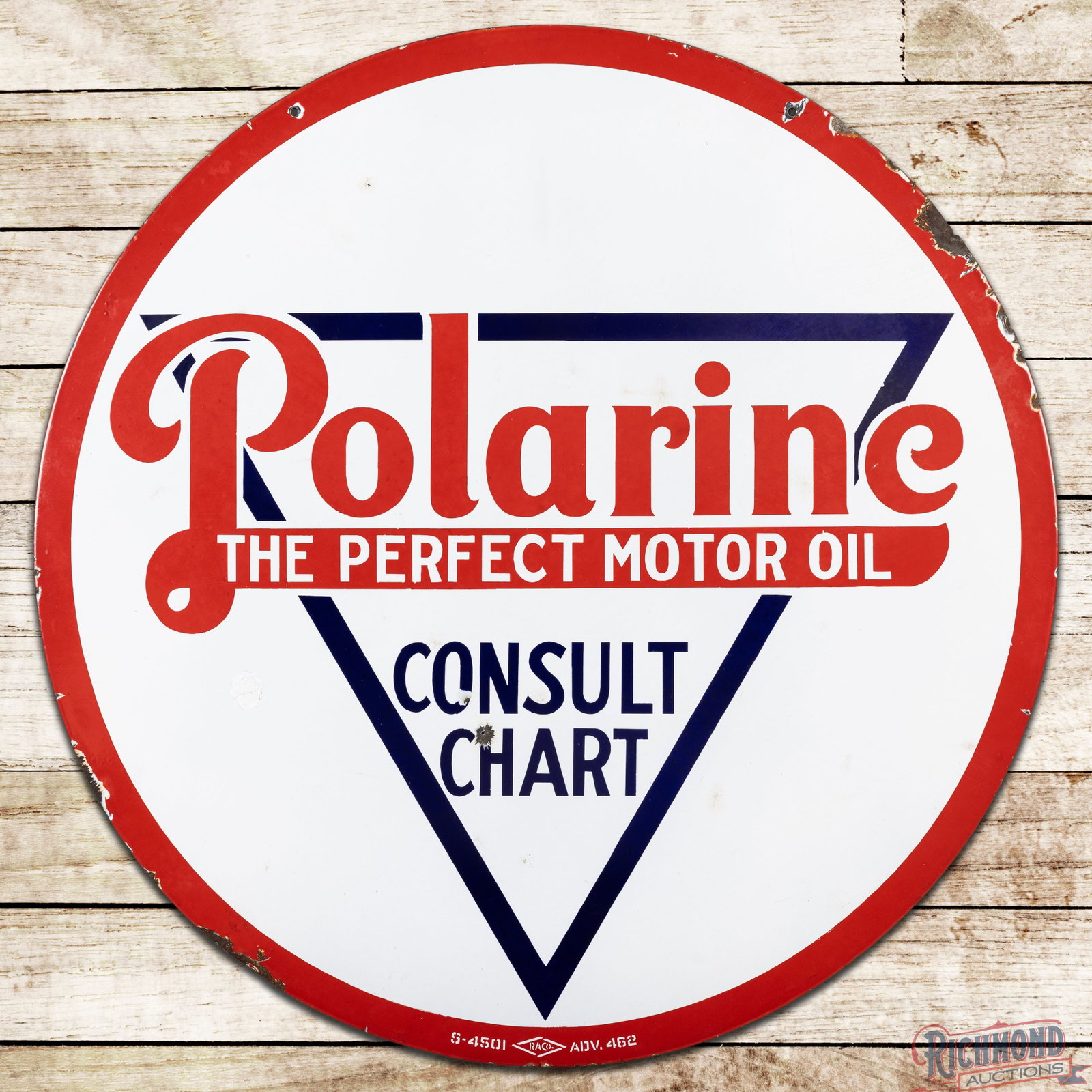 Polarine The Perfect Motor Oil 42" "Consult Chart" 42" Single Sided Porcelain Sign: SSP (single sided porcelain) sign has good color and gloss. The field has faint cloudiness to the red porcelain enamel with small bruises. The lower field has a few chips with a color matched chip in 