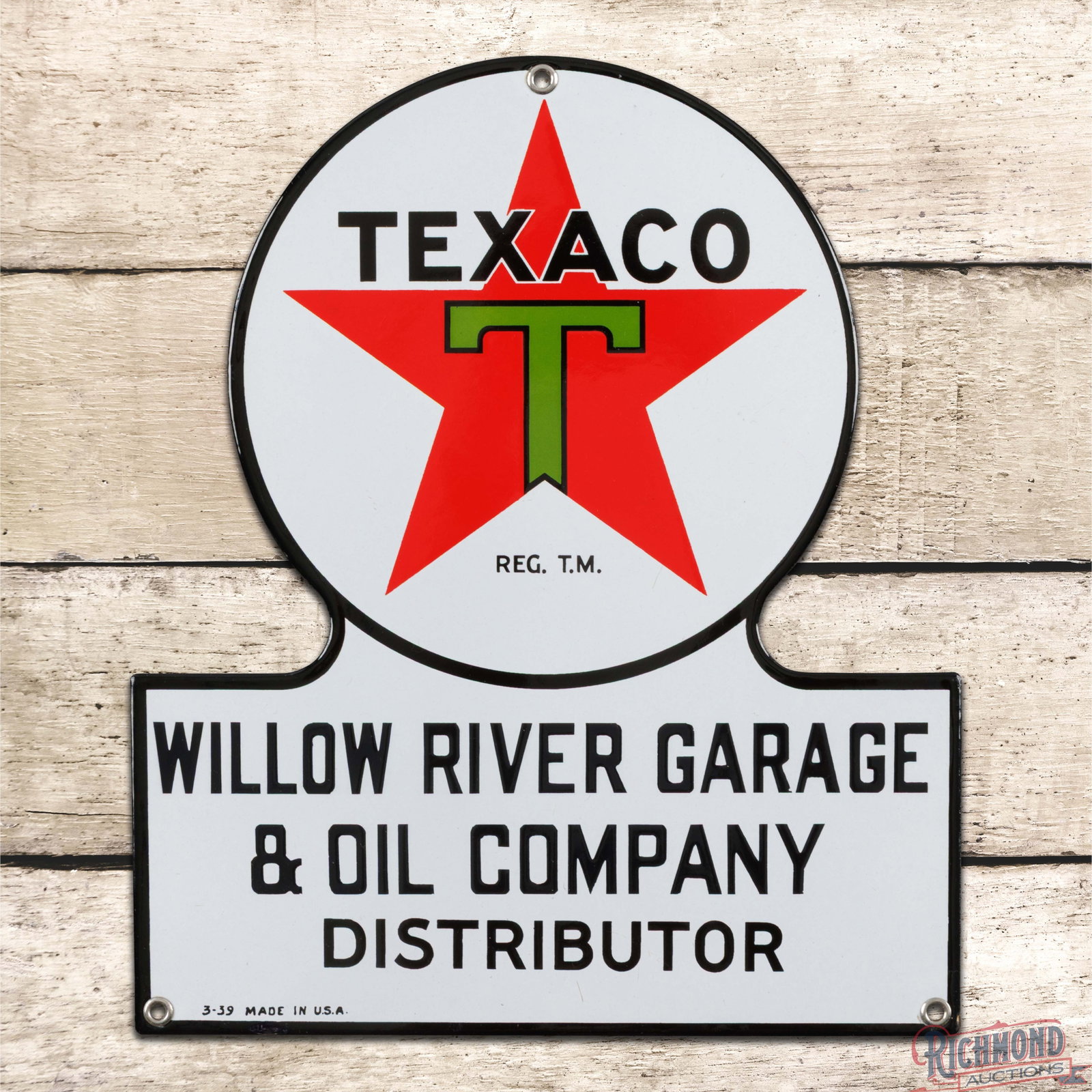 1939 Texaco Willow River Garage & Oil Company Distributor Porcelain Keyhole Truck Door Sign: SSP (single sided porcelain) die cut sign has outstanding color and gloss. The field is exceptionally clean with a few minor surface imperfections. The perimeter has a small flake on the lower left ed