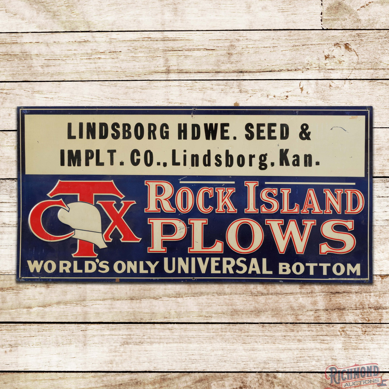 Scarce Rock Island CTX Plows Emb. Single Sided Tin Sign Lindsborg Kansas: SST (single sided tin) embossed sign has very good color and shine. The field has small scratches with areas of crackled, raised paint in the blue painted areas in the fields. The perimeter has fine s