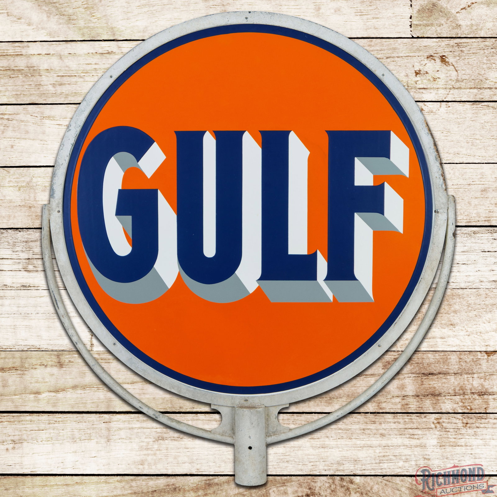 Rare Gulf Gasoline 39" Double Sided Porcelain Sign w/ Pole Mount Frame: DSP (double sided porcelain) sign with the factory pole mount frame has excellent color and gloss. The display has a clean field with small chips along the edges. The reverse is in a similar condition