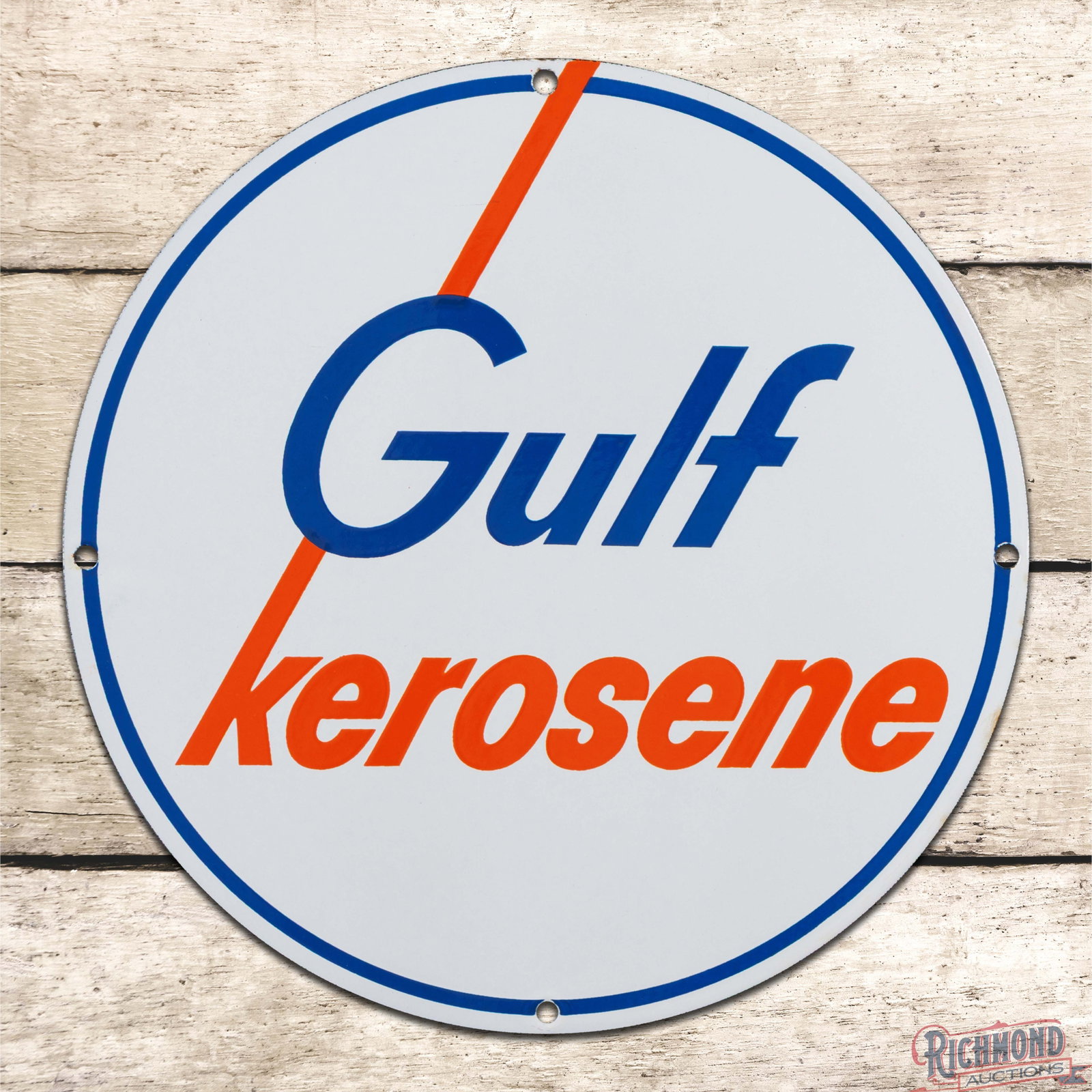 NOS Gulf Kerosene Single Sided Porcelain Gas Pump Plate Sign: NOS (new old stock) SSP (single sided porcelain) pump plate has outstanding color and gloss. The fields and perimeter are both exceptionally clean with a few minor discolored spots along the outer edg