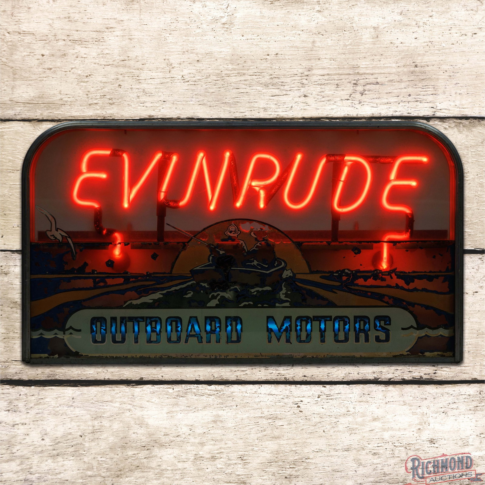 Rare Evinrude Outboard Motors Reverse Painted Glass Neon Advertising Sign: Reverse painted glass sign with the original internal neon lettering and metal can. The neon features vibrant color and works as it should. The outer glass has toning with areas of loss and active fla