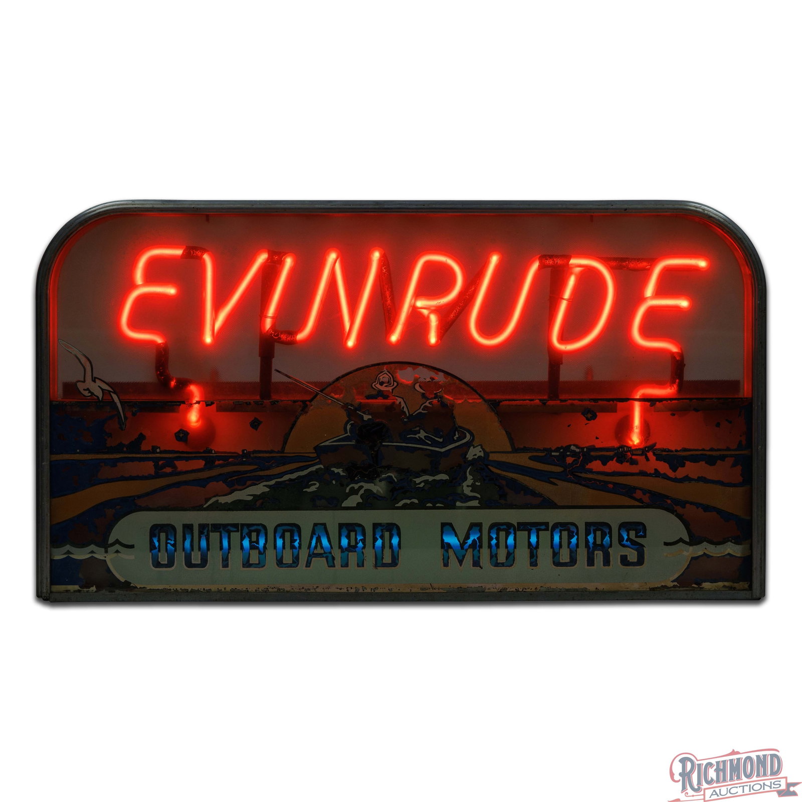 Rare Evinrude Outboard Motors Reverse Painted Glass Neon Advertising Sign - 2