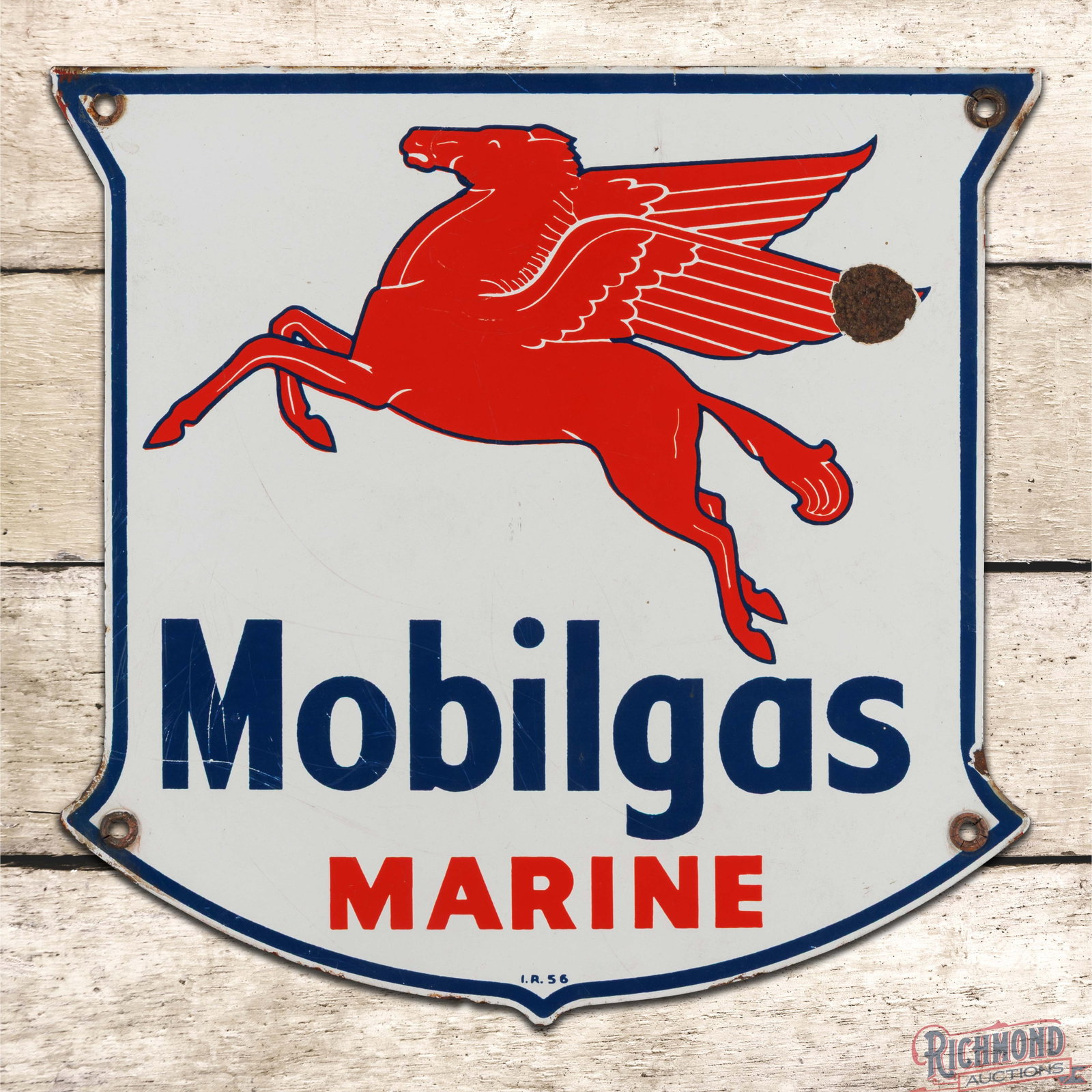 1956 Mobilgas Marine Single Sided Porcelain Pump Plate Sign w/ Pegasus: SSP (single sided porcelain) pump plate has very good color and gloss. The field has fine scratches with a chip in the right field. The perimeter has minor discoloration with small chips along the out