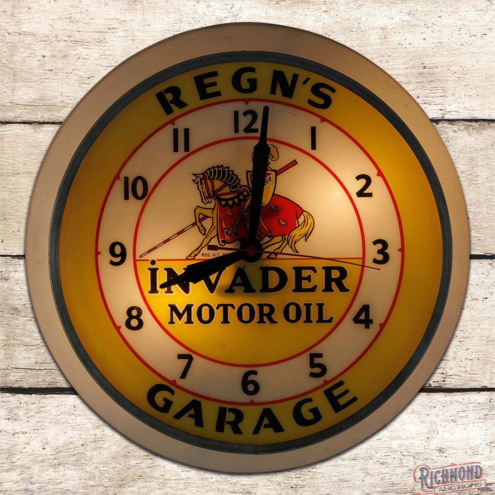 Invader Motor Oil 16.5" Lighted Advertising Clock "Regn's Garage": Lighted Dualife lighted advertising clock works as it should. The inner face has excellent color with the iconic Invader Knight with horse graphic. The field has minor wear to the inner and outer face
