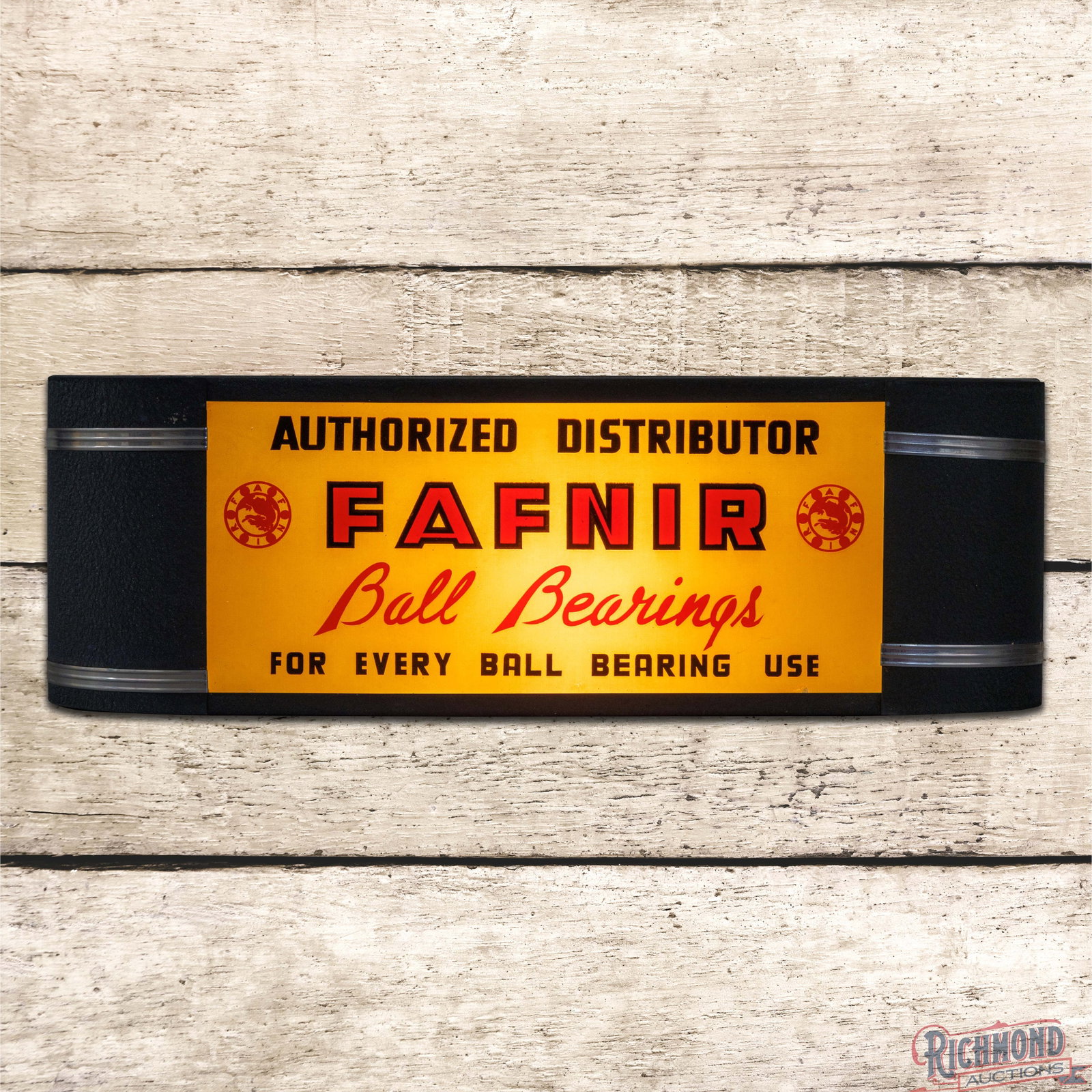 Fafnir Ball Bearings Authorized Dealer Reverse on Glass Lighted Advertising Sign: Reverse on glass internally lighted sign with metal can works properly. The glass face has excellent color with a clean field and small areas of wear along the lower edges. The can features original p