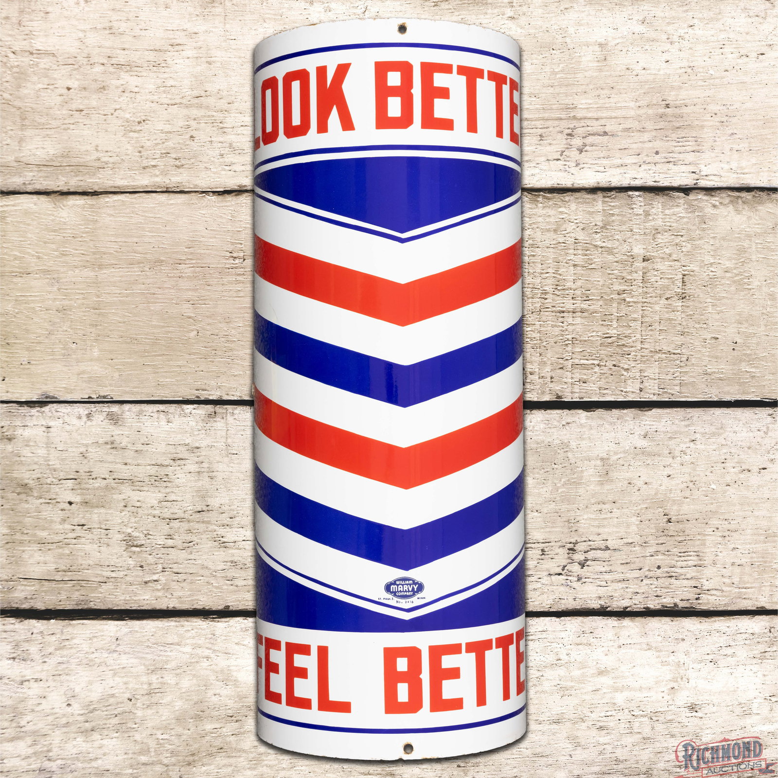 Marvy Look Better Feel Better Barber Shop Curved 24" Single Sided Porcelain Sign: SSP (single sided porcelain) curved sign has excellent color and gloss. The field is very clean overall with light wear and minor marks in the outer fields. The perimeter has light wear at the mountin