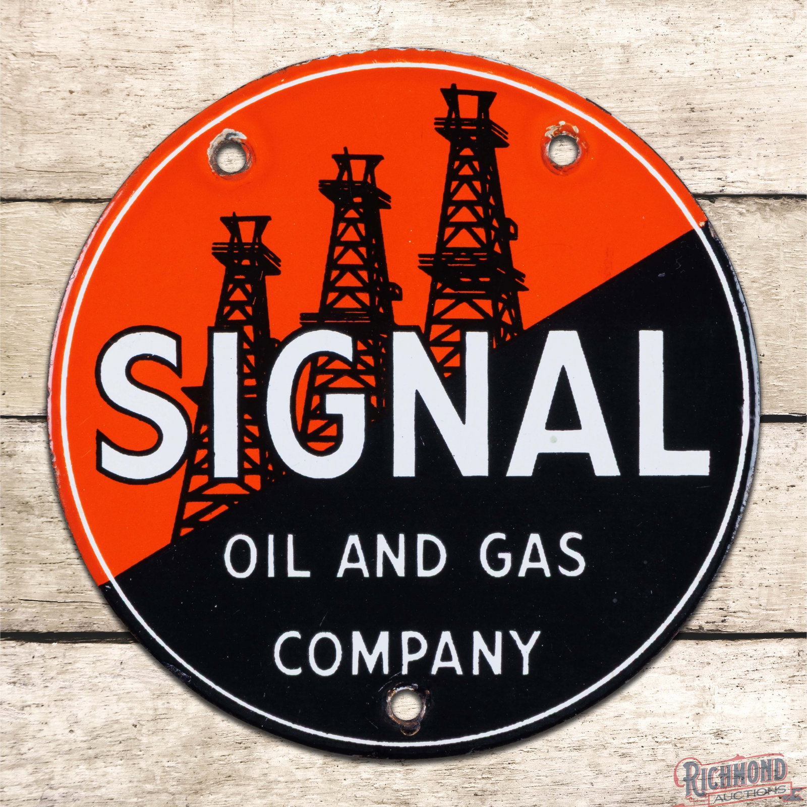 Signal Oil and Gas Company 6" Single Sided Porcelain Truck Door Sign: Scarce SSP (single sided porcelain) sign has excellent color and gloss. The display has light surface wear with tiny chips at the mounting holes. The perimeter has a minor chip on the edge at 8 o'cloc