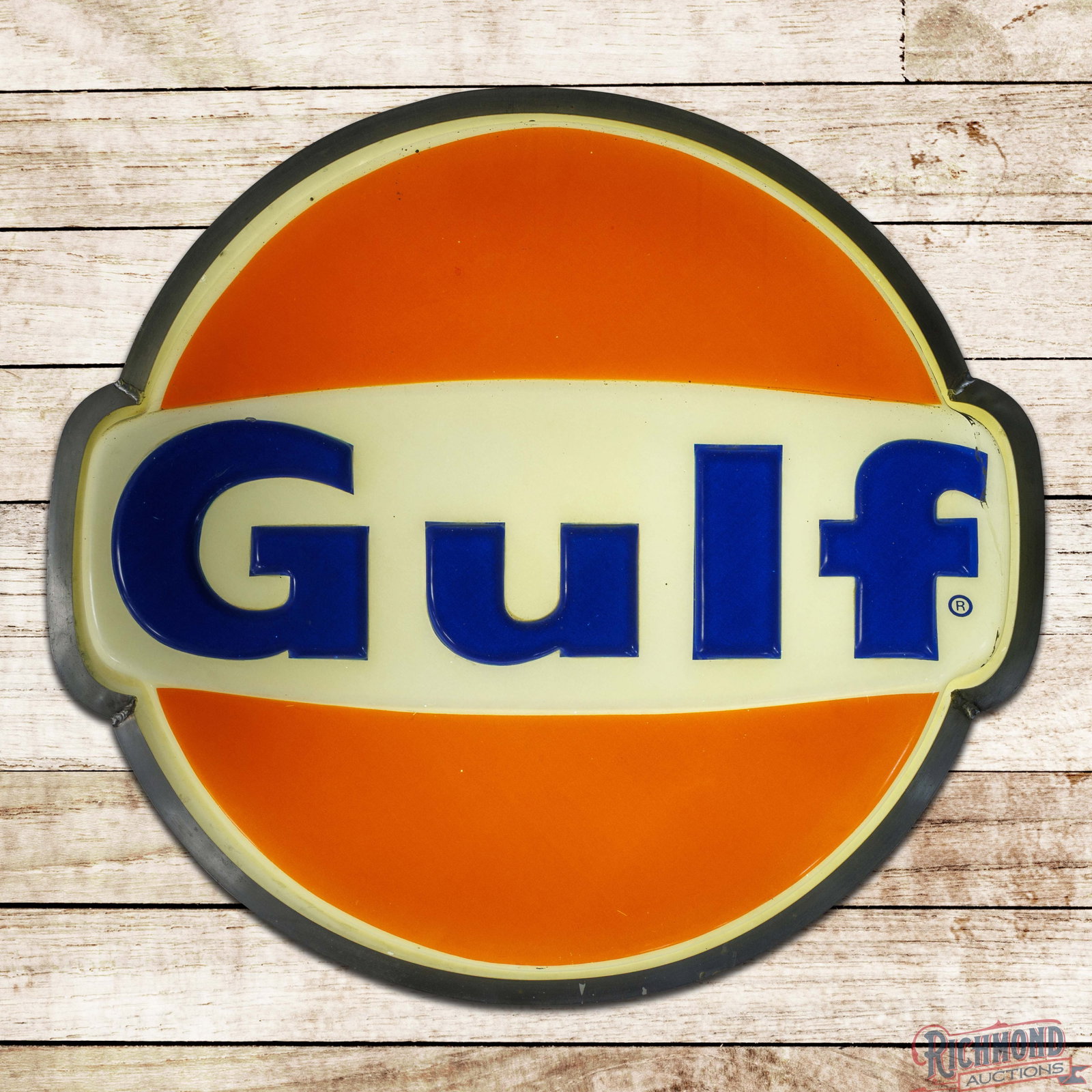 Gulf Gasoline Service Station 28" Emb. Lighted Advertising Sign: Single sided embossed die cut plastic sign with the original metal can works as it should. The sign face has slight toning to the white with light wear, errant paint drips and small paint chips in the