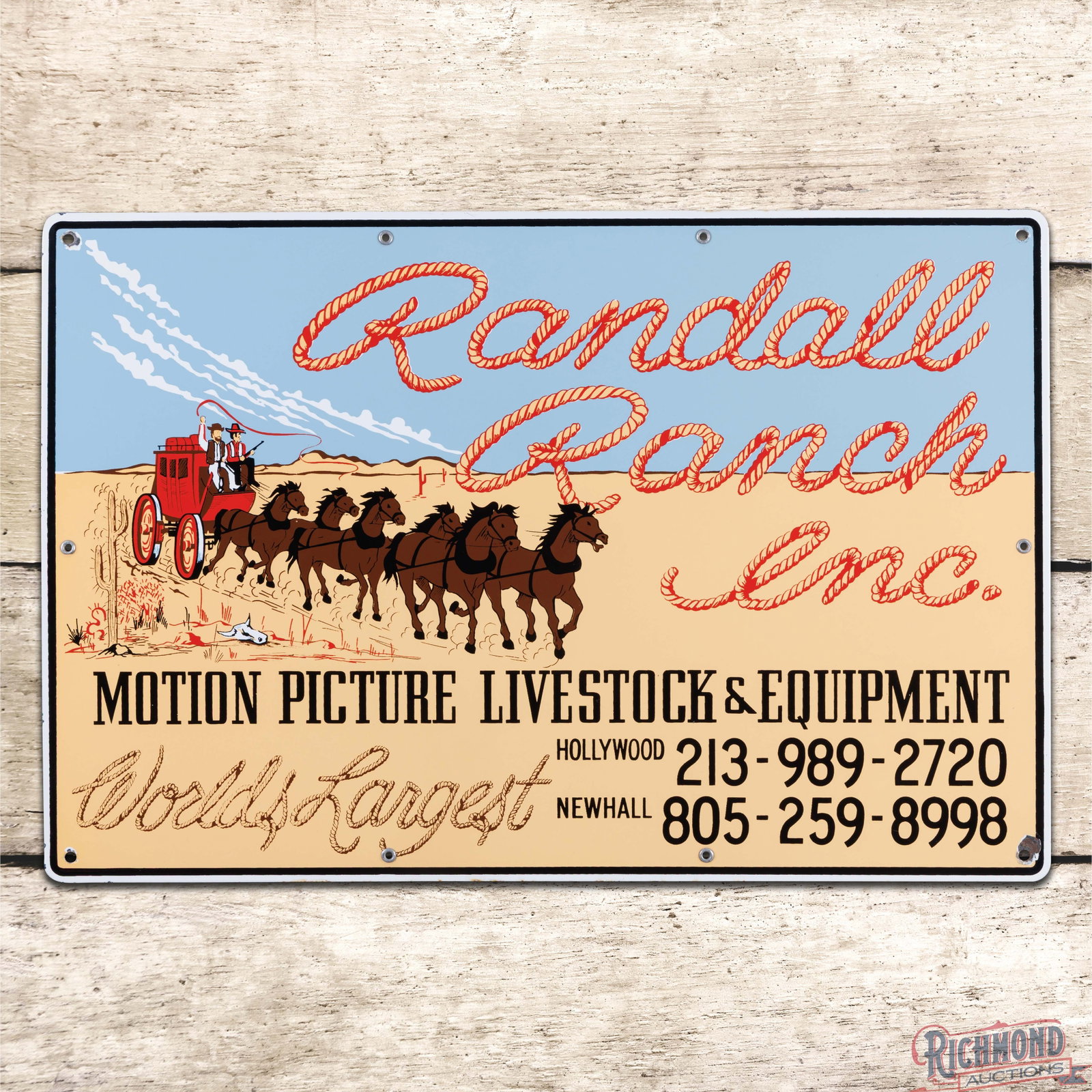 Scarce Randall Ranch Inc. Motion Picture Livestock & Equipment Porcelain Sign Hollywood Newhall (1 of 3)
