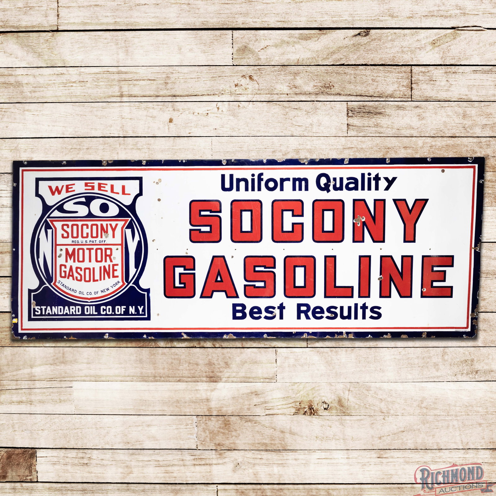 Socony Gasoline Standard Oil Company of New York 9.5' Single Sided Porcelain Sign w/ Logo "Large": SSP (single sided porcelain) sign with an added wooden support frame has very good color and gloss. The field has fine scratches with small chips and unused mounting holes. The perimeter has additiona
