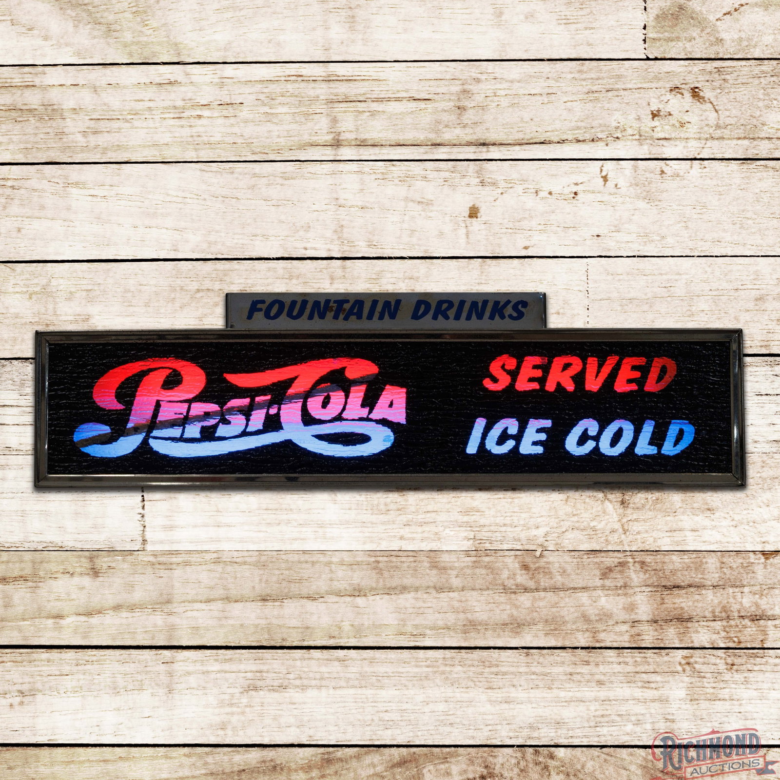Pepsi Cola Served Ice Cold "Fountain Drinks" Fireball Streamliner Lighted Sign: Single sided reverse textured glass internally lighted sign with the original metal can works as it should. The sign features vivid red and blue fluorescent tubes, which illuminate the clear Pepsi let