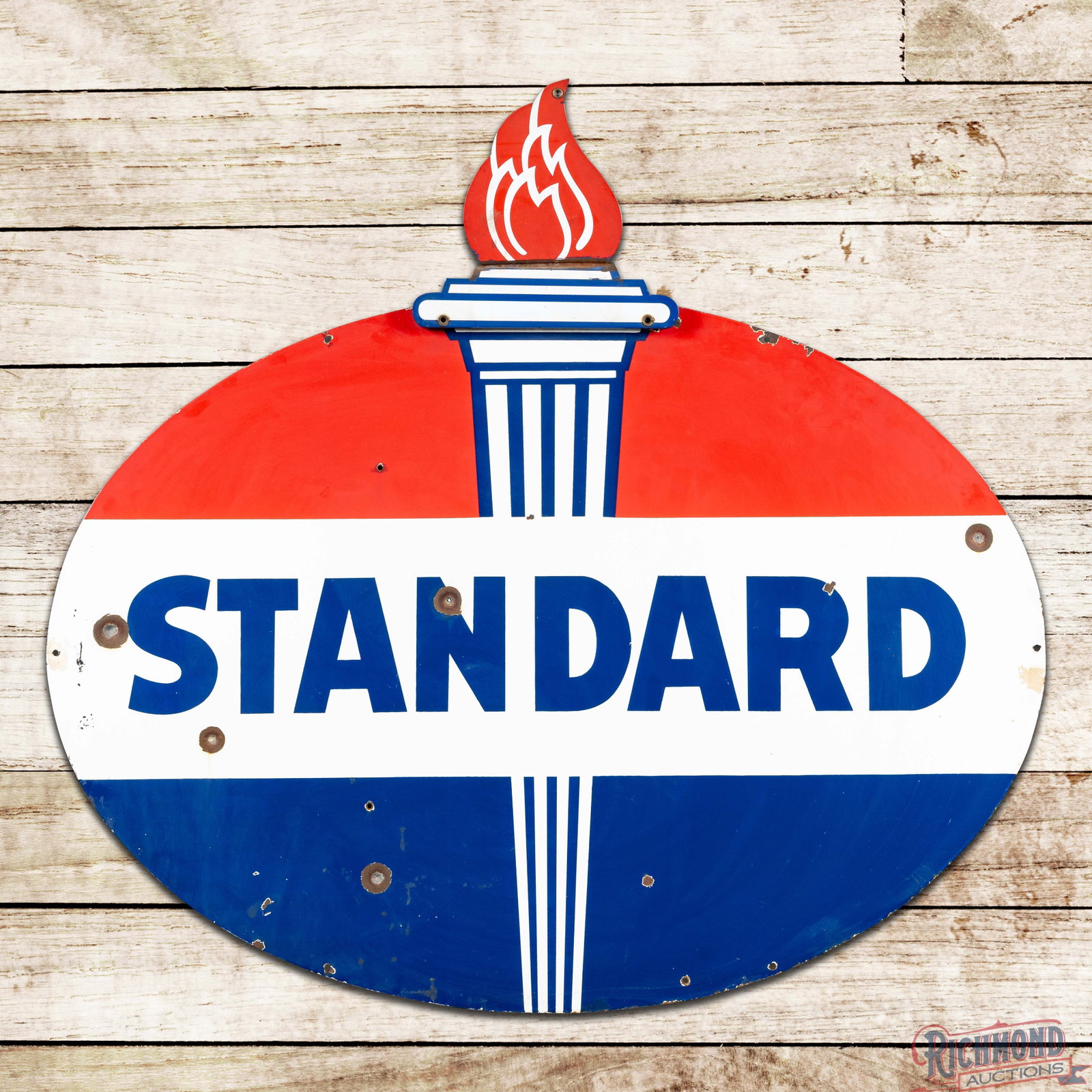 Standard Gasoline 5' Double Sided Porcelain ID Sign w/ Flame "Minor": DSP (double sided porcelain) sign with SSP (single sided porcelain) flame attachment has very good color and gloss. The field and perimeter have light wear with non-factory holes, bullet hits and chip