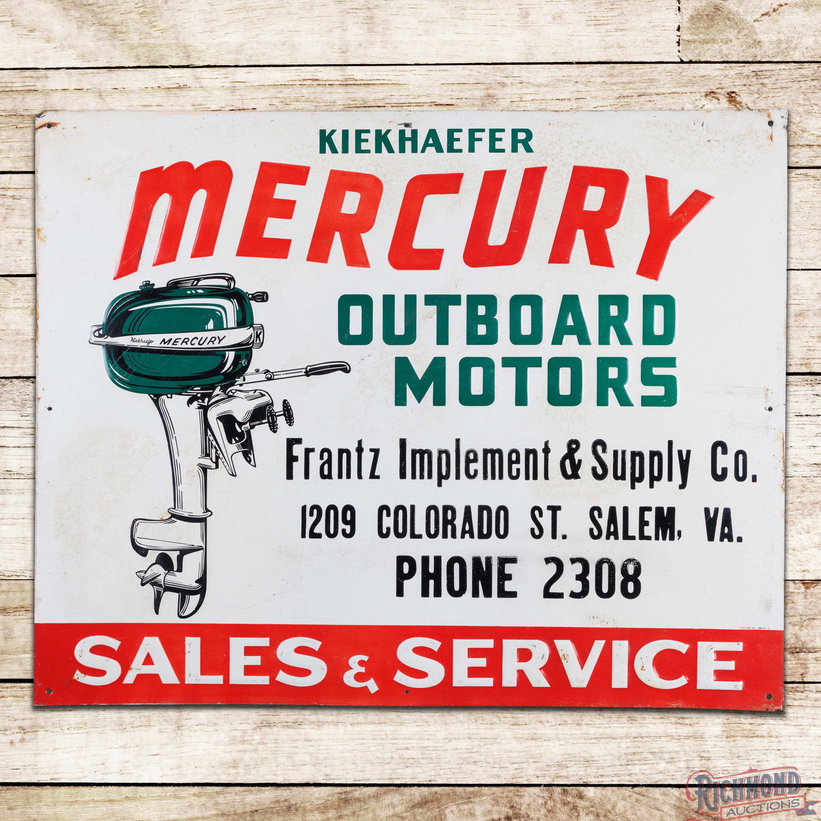 Kiekhaefer Mercury Outboard Motors Sales & Service 30" Emb. Single Sided Tin Sign Salem Virginia: SST (single sided tin) embossed sign has very good color and shine. The field has light wear with fine scratches and areas of discoloration. The perimeter has additional wear with minor edge bends, sm