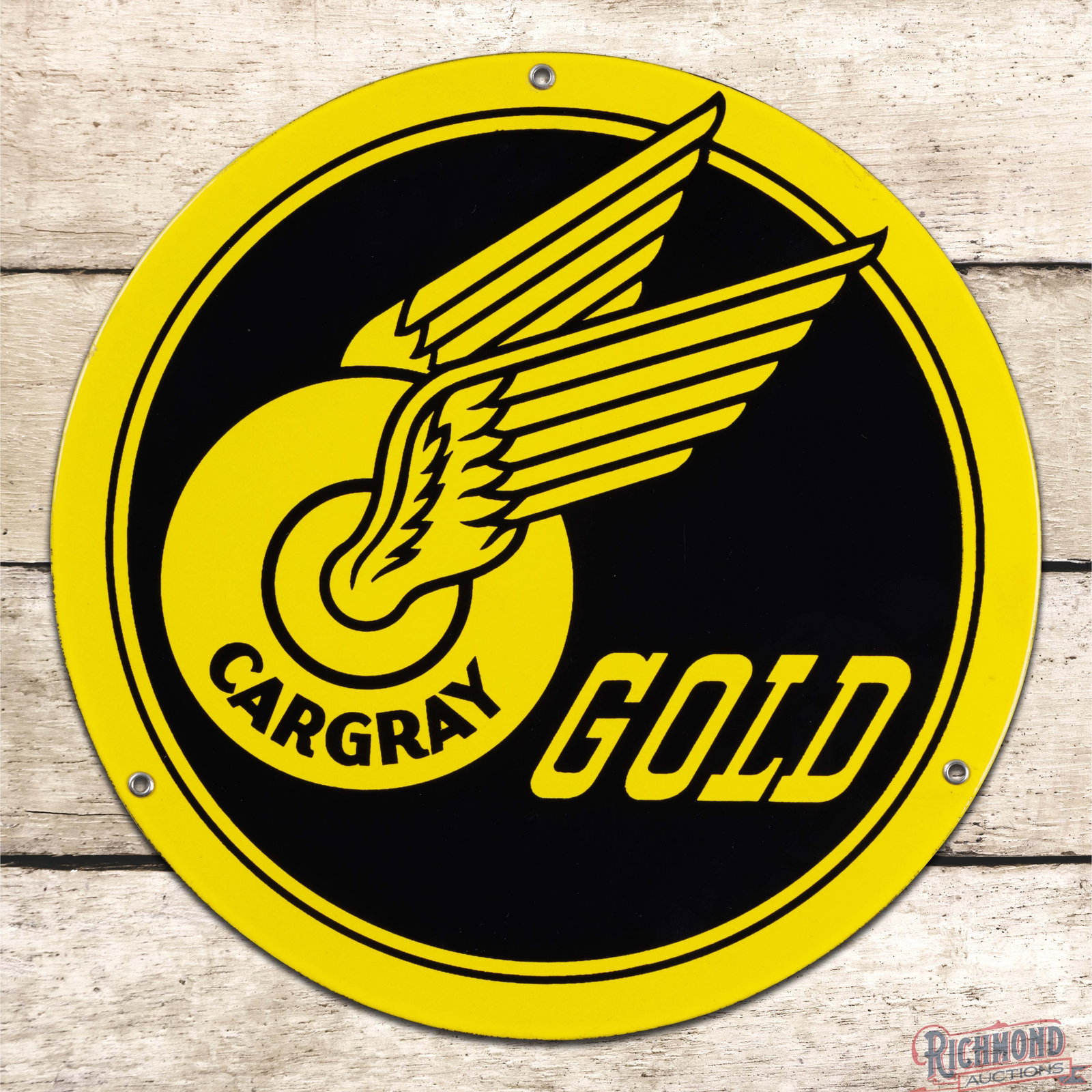 Cargray Gold Gasoline Single Sided Porcelain Pump Plate Sign w/ Winged Logo: SSP (single sided porcelain) pump plate has outstanding color and gloss. The sign is exceptionally clean with a faint fine scratch in the right field. The sign retains all three factory grommets and t
