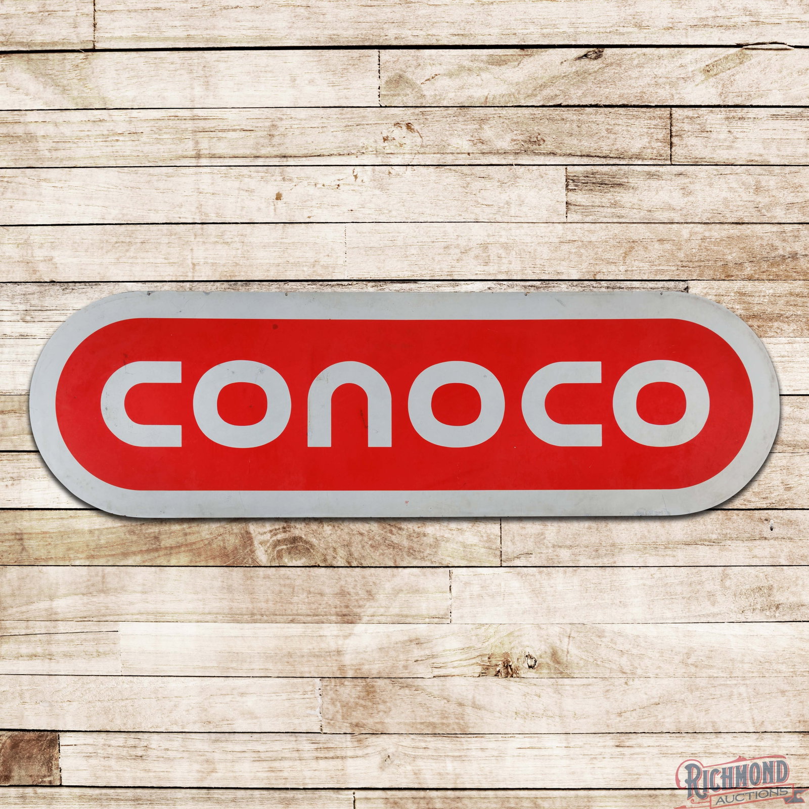 Conoco Gasoline 10' Double Sided Porcelain Service Station ID Sign: DSP (double sided porcelain) sign has very good color and gloss. Side #1 has chips in the right field with additional edge chips and a minor bend on the lower left edge. The reverse is in a similar co