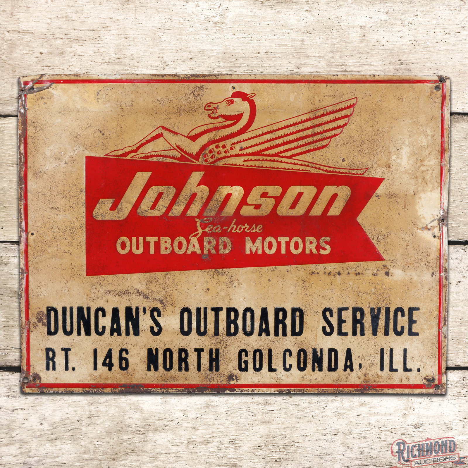 Johnson Sea-Horse Outboard Motors Emb. Single Sided Tin Sign Duncan's Service Golconda Illinois (1 of 2)
