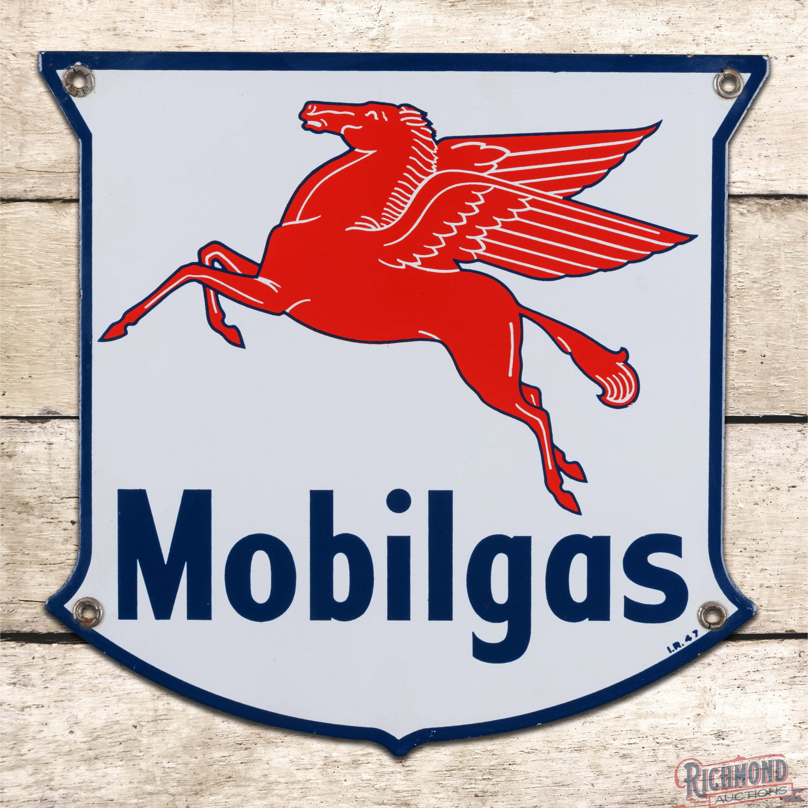 1947 Mobilgas Single Sided Porcelain Pump Plate Sign w/ Pegasus: SSP (single sided porcelain) pump plate has outstanding color and gloss. The field is clean with minor surface imperfections. The perimeter has a flea bite at the upper left mounting hole and the uppe
