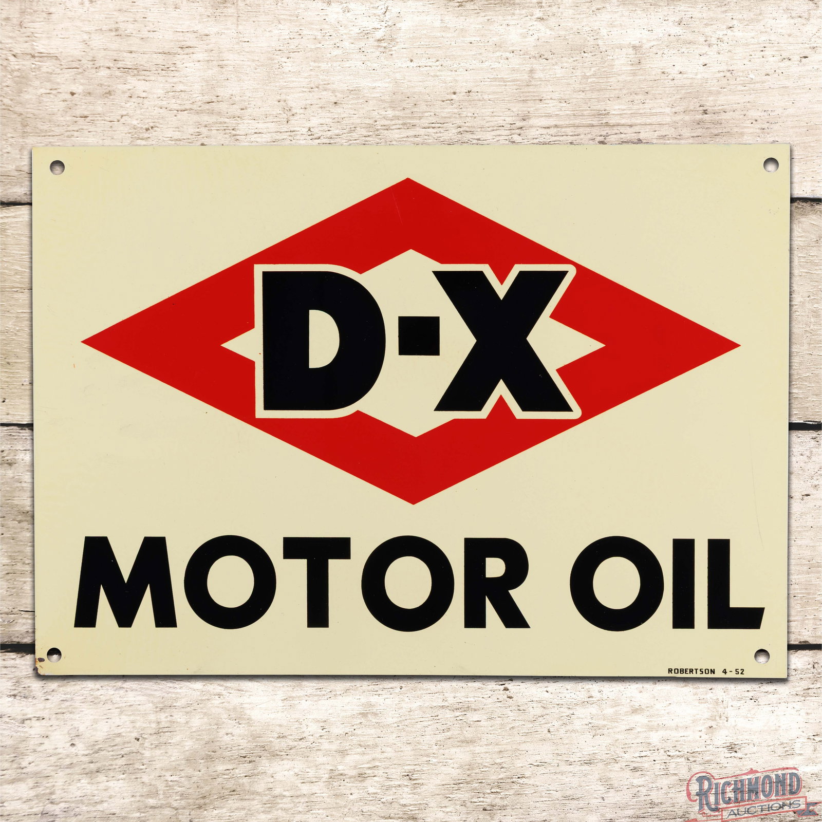 1952 D-X Motor Oil Single Sided Tin Sign w/ Logo: SST (single sided tin) sign has excellent color and shine. The field is clean with a minor fine scratch on the upper edge of the logo. The perimeter has minor marks with a few tiny paint chips on the 