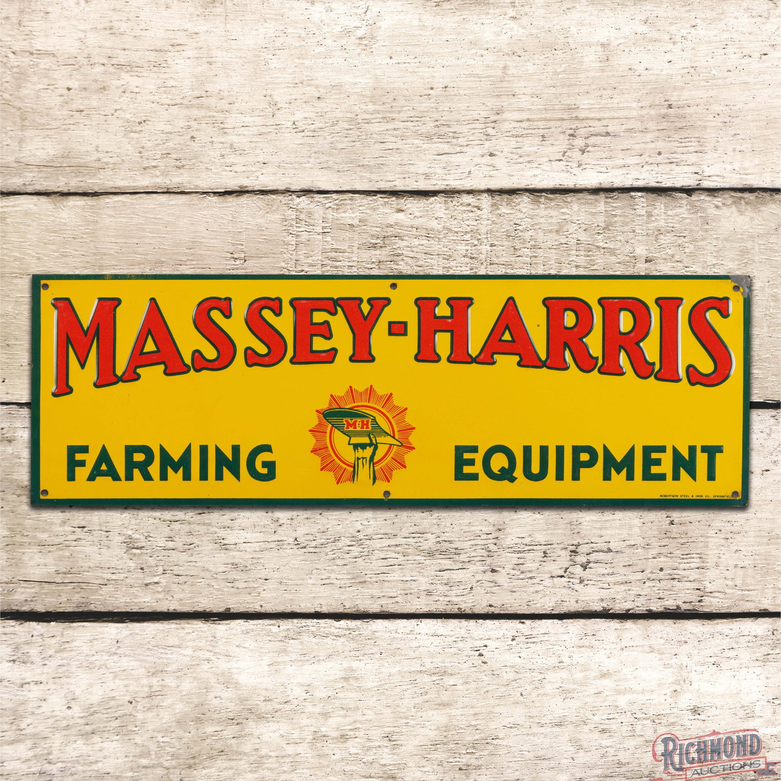 Massey Harris Farming Equipment Emb. Single Sided Tin Sign w/ Plow Logo (1 of 3)