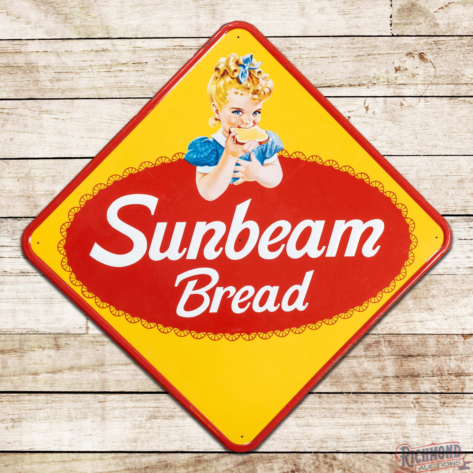 1972 Sunbeam Bread Emb. 64" Single Sided Tin Diamond Sign w/ Little Miss Sunbeam (1 of 3)