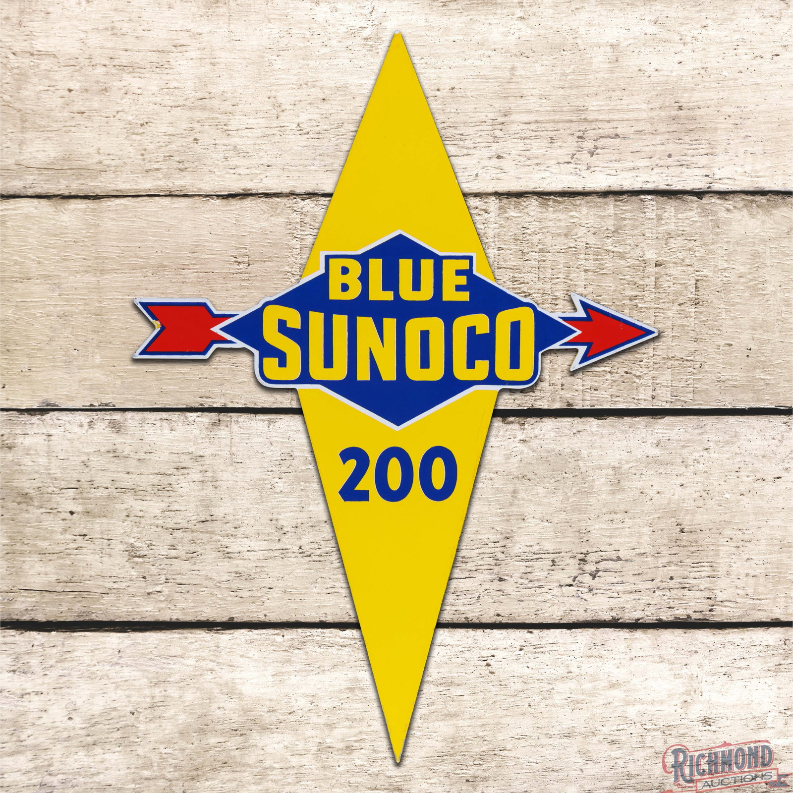 Blue Sunoco 200 Gasoline Single Sided Porcelain Pump Plate Sign: SSP (single sided porcelain) die cut sign has outstanding color and gloss. The field is very clean overall with minor surface imperfections. The perimeter has a few minor chips along the outer edges. 