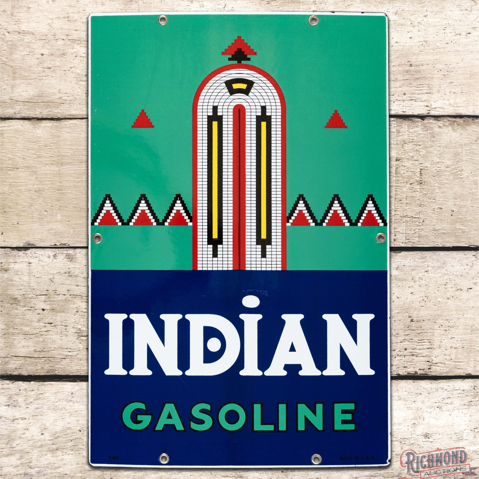 1940 Indian Gasoline Single Sided Porcelain Pump Plate Sign: SSP (single sided porcelain) sign has excellent color and gloss. The field is clean with light fine scratches in the outer fields. The perimeter has tiny chips along the outer edges. All six factory g