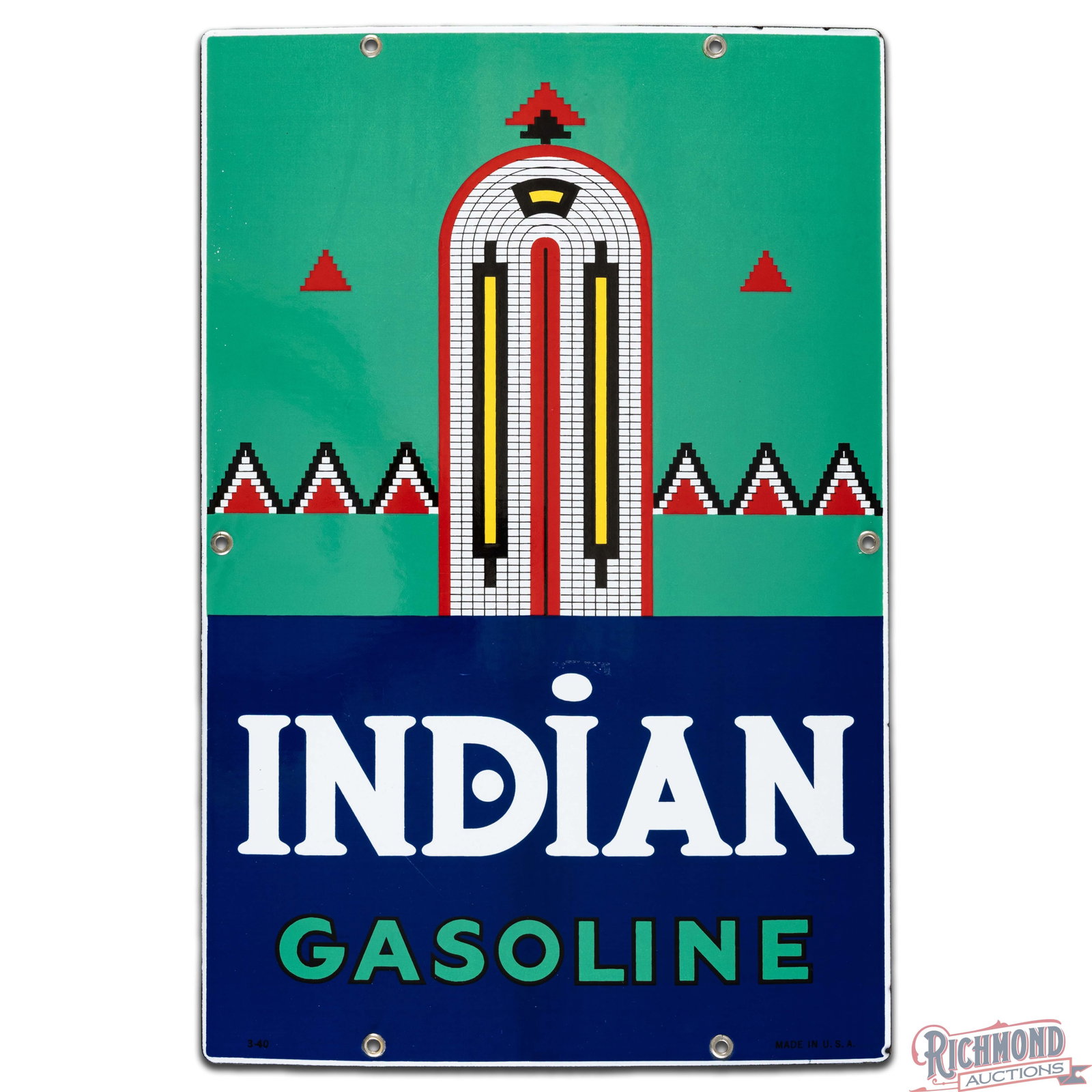 1940 Indian Gasoline Single Sided Porcelain Pump Plate Sign - 2