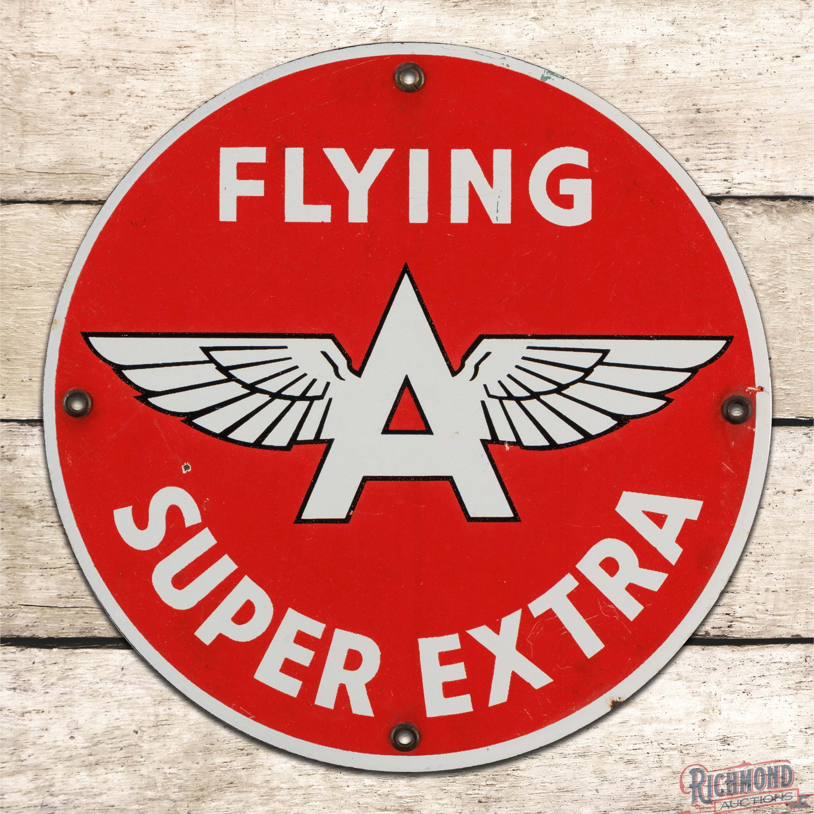 Flying A Super Extra Gasoline Single Sided Porcelain Pump Plate Sign w/ Logo: SSP (single sided porcelain) pump plate has good color and gloss. The field has light surface wear with a small chip in the left field and fine scratches in the lower lettering. The perimeter has mino