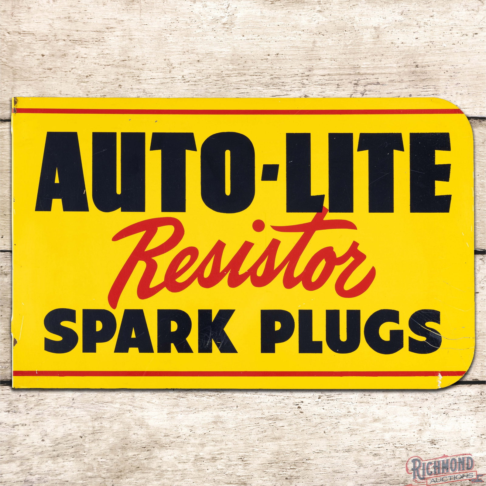 Autolite Spark Plug Ignition Engineered Double Sided Tin Flange Sign: DST (double sided tin) flange has excellent color and shine. The display has light wear in the fields with a few tiny errant white paint drips along the top. The inner flange has a bend along the uppe