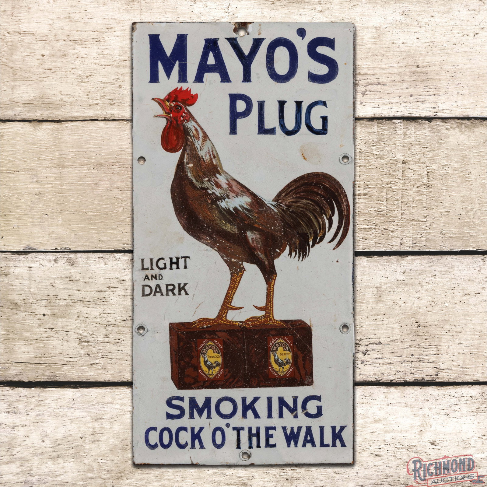 Mayo's Plug Light and Dark Smoking Tobacco "Cock O' The Walk" Single Sided Porcelain Sign w/ Rooster: SSP (single sided porcelain) sign has good color. The sign exhibits areas of color-match with an applied clear coat to enhance the finish. The surface has fine scratches, areas of discoloration and su
