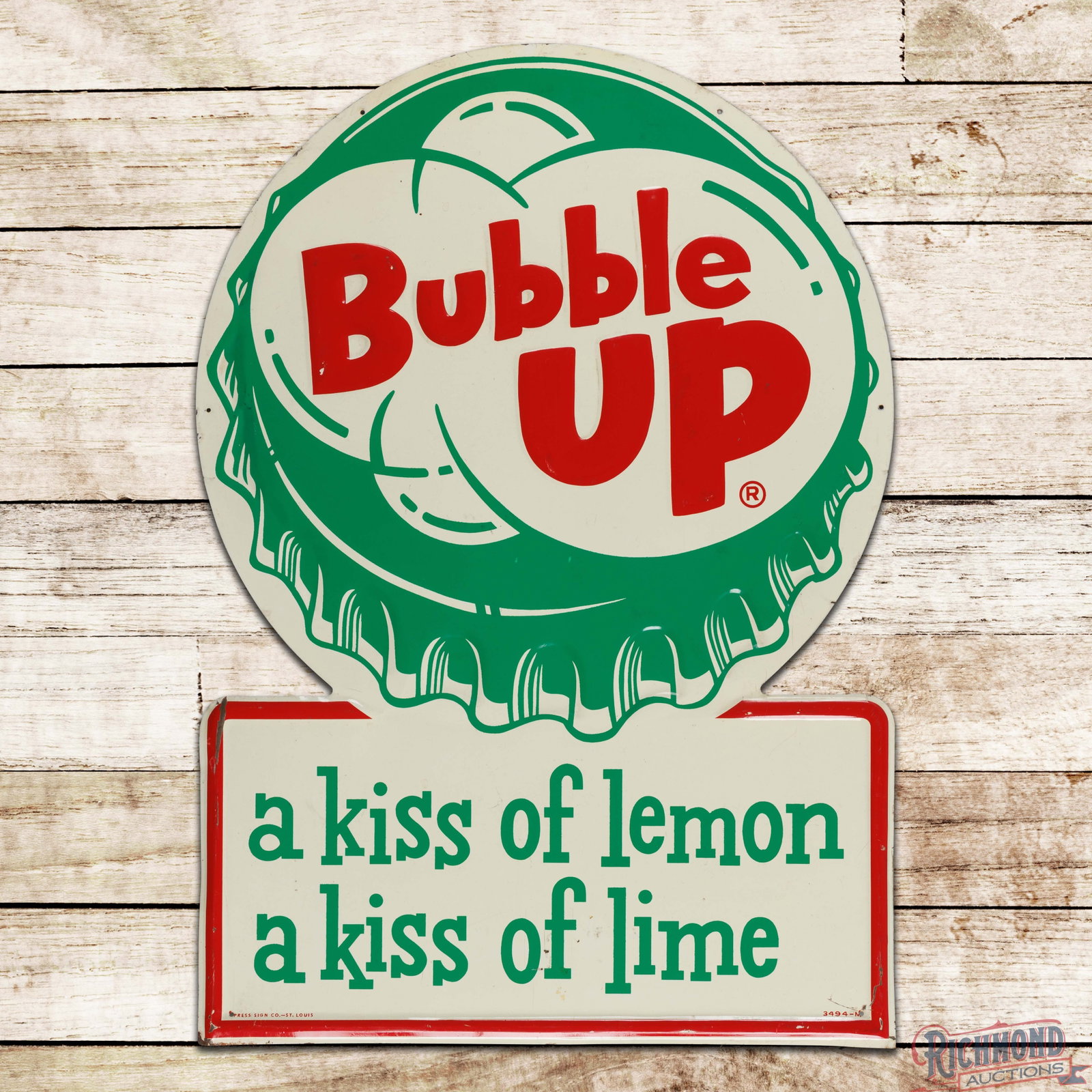 Bubble Up "A Kiss of Lemon a Kiss of Lime" Emb. Single Sided Tin Sign w/ Bottlecap (1 of 3)