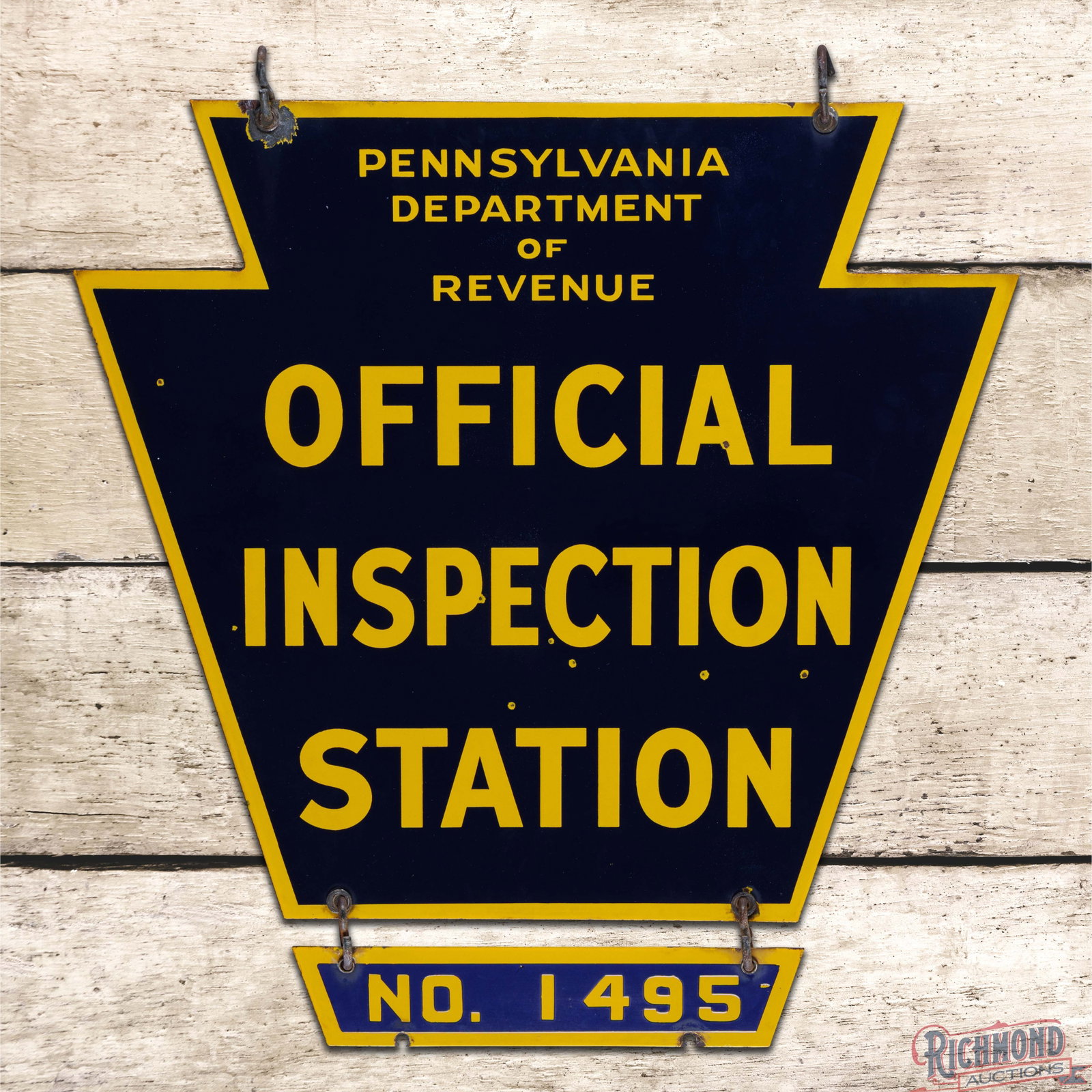 Pennsylvania Dept of Revenue Official Inspection Station Double Sided Porcelain Keystone Sign: DSP (double sided porcelain) multi-piece sign has excellent color and gloss. Side #1 has light wear with two small chips in the upper field. The perimeter has chips at two mounting holes with other mi