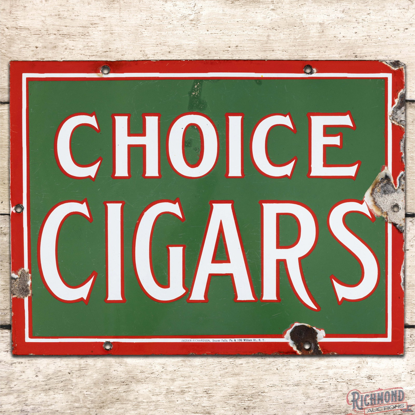 Early Choice Cigars Single Sided Porcelain Sign: SSP (single sided porcelain) sign has very good color and gloss. The field has light surface wear with factory blemishes in and around the "O" in the upper field. The perimeter has chips with minor lo