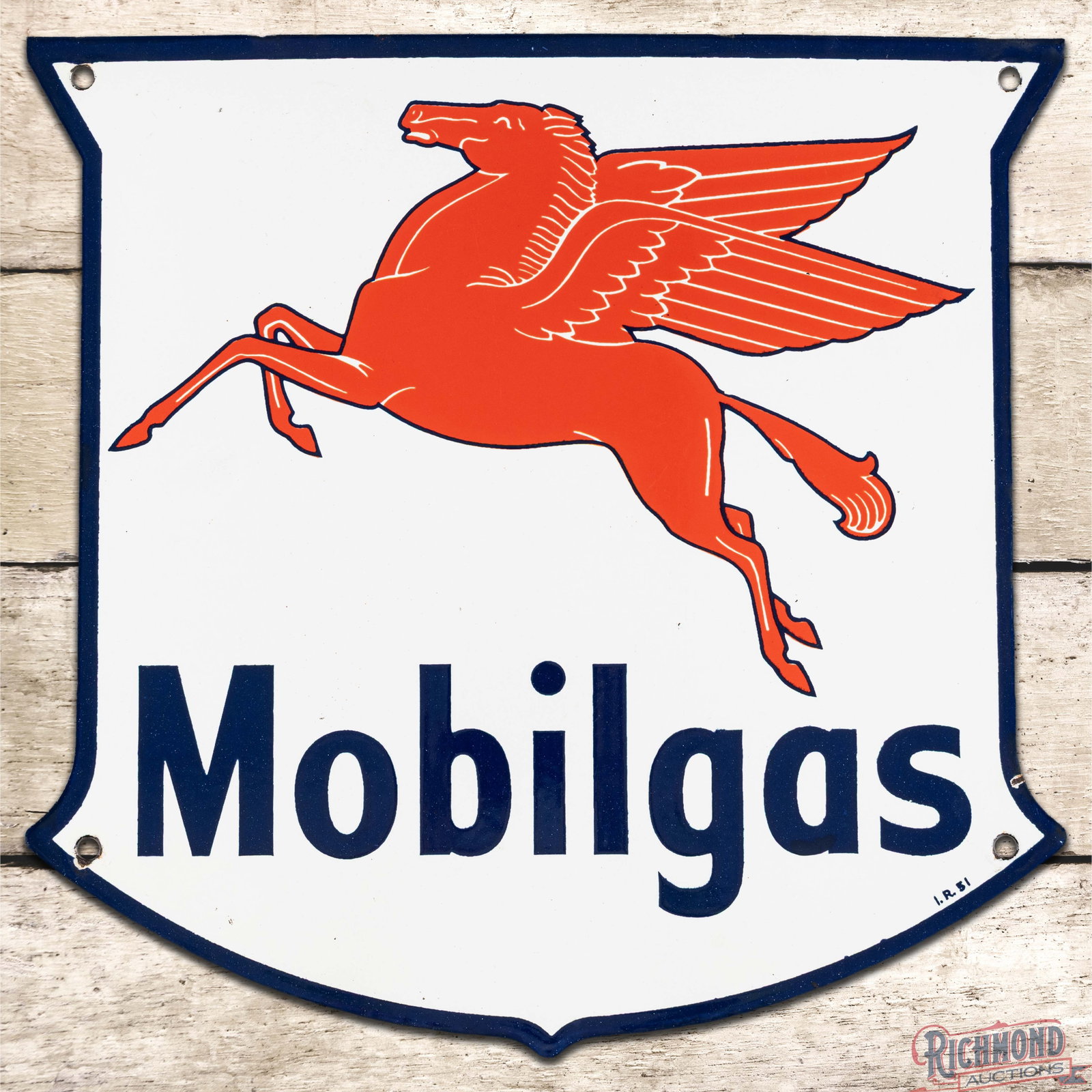 1951 Mobilgas Single Sided Porcelain Pump Plate Sign w/ Pegasus: SSP (single sided porcelain) die cut pump sign has excellent color and gloss. The field is very clean overall with light surface wear. The perimeter has a tiny chip at the lower left mounting hole and
