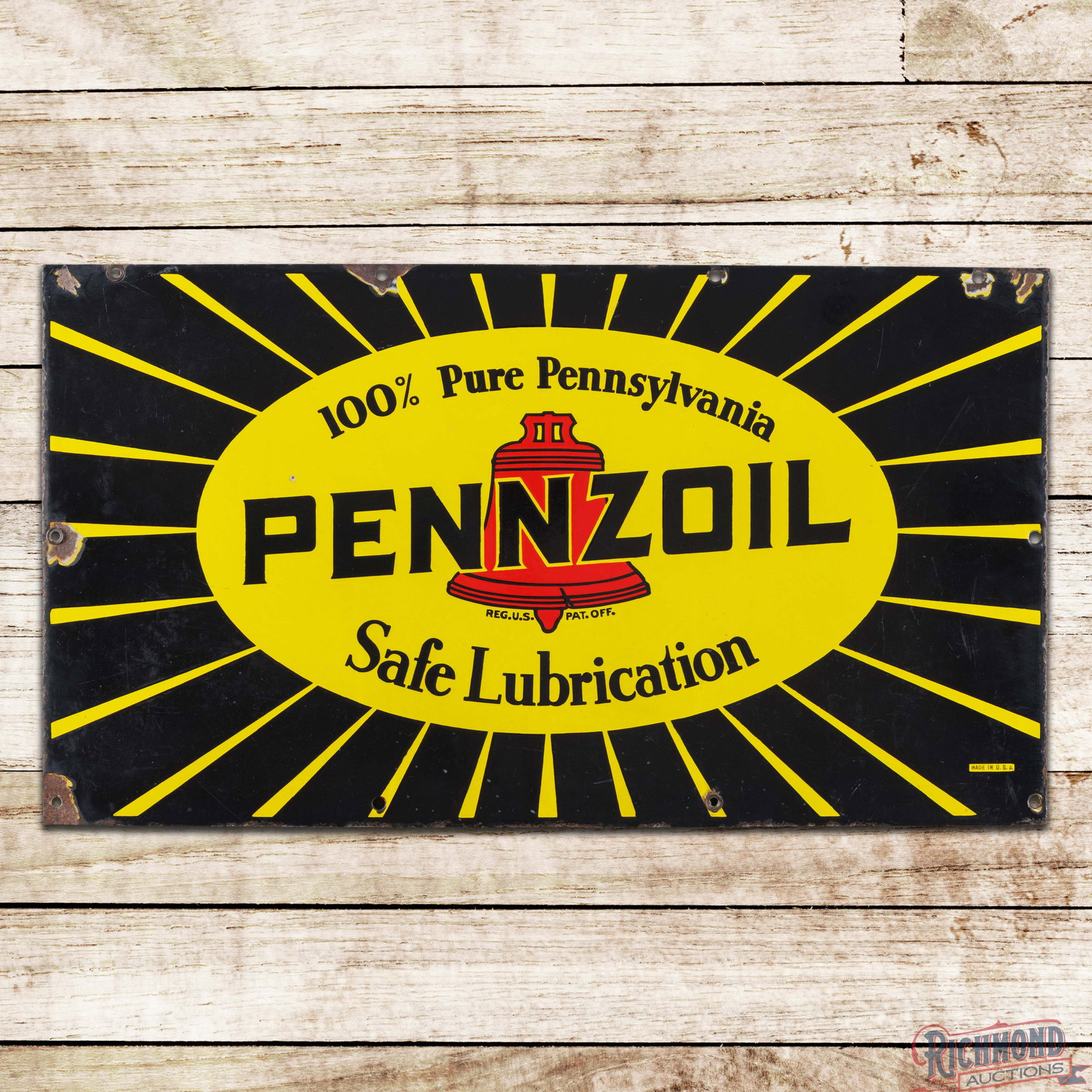 Pennzoil Safe Lubrication 100% Pure Pennsylvania Single Sided Porcelain Logo Sign: SSP (single sided porcelain) sign has very good color and gloss. The field has a tiny chip in the left side of the logo with surface wear and faint cloudiness in the outer fields. The perimeter has ch