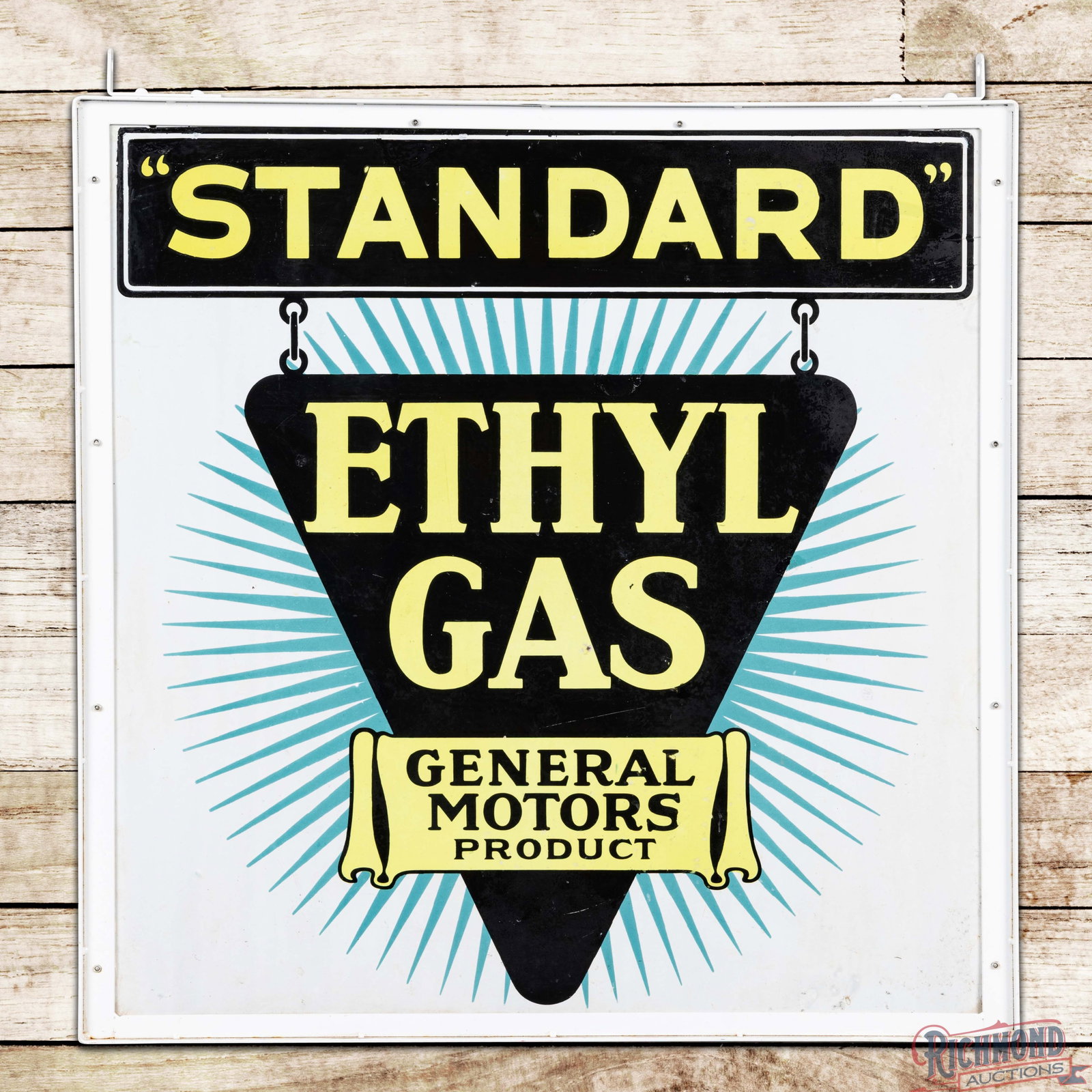 Rare Standard Ethyl Gas "A General Motors Product" 30" Double Sided Porcelain Sign w/ Frame: DSP (double sided porcelain) sign with a metal frame has very good color and gloss. Side #1 has light wear throughout with color matched chips in the fields and perimeter. The largest area of color ma
