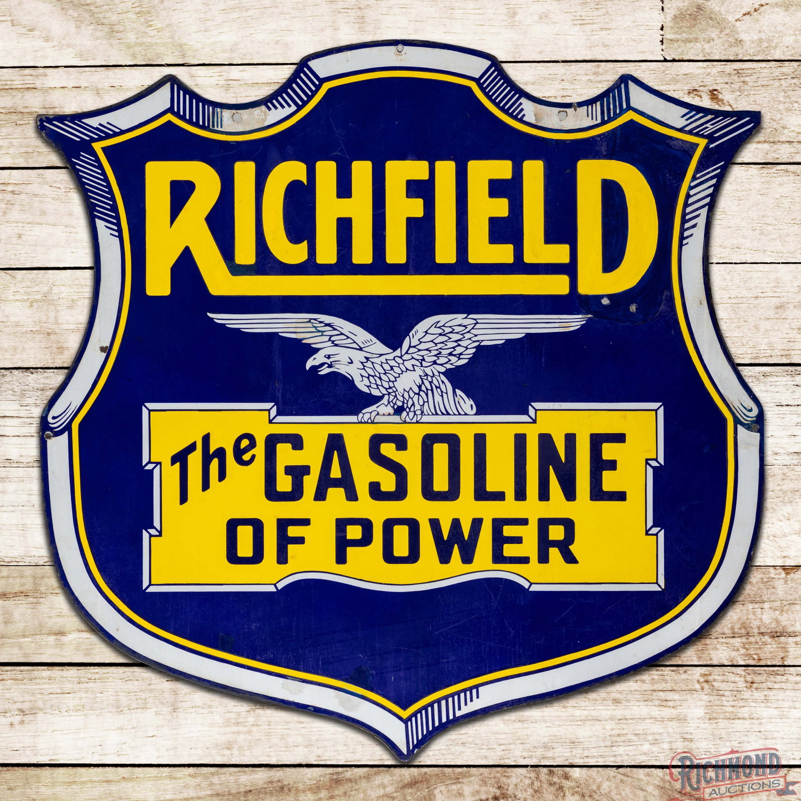 Richfield "The Gasoline of Power" 48" Double Sided Porcelain Shield Sign w/ Eagle: DSP (double sided porcelain) die cut sign has very good color and gloss. Side #1 areas of color match in the fields with a chip at the "L" in Richfield and two non-factory holes in the outer left fiel