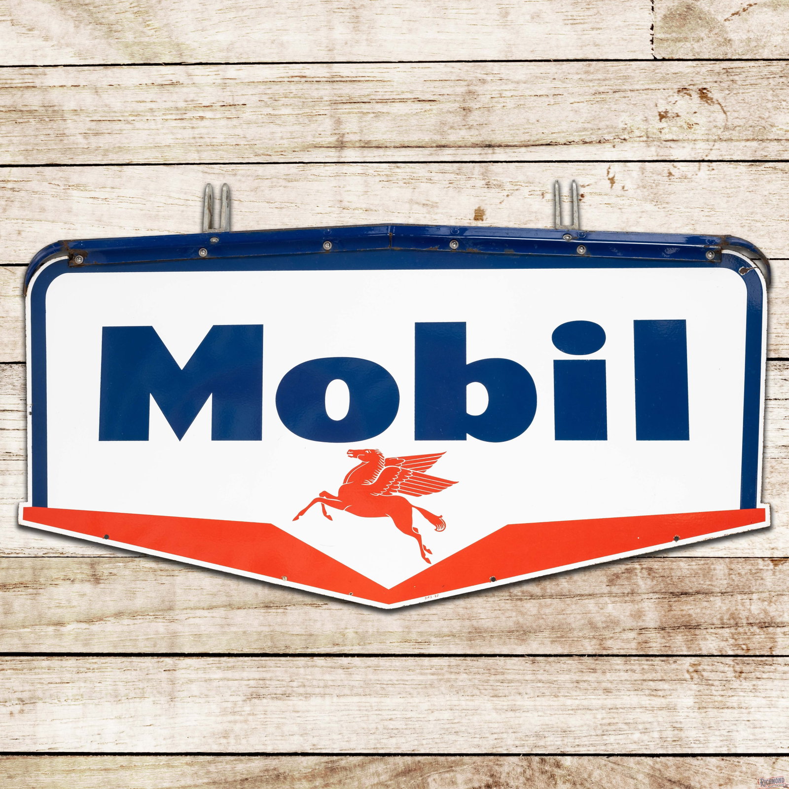 1962 Mobil Gasoline Double Sided Porcelain ID Guillotine Sign w/ Orig. Bracket "Minor": DSP (double sided porcelain) die cut sign with the factory porcelain bracket has excellent color and gloss. Side #1 has light surface wear with a tiny factory flea bite in the "O" of Mobil. The perime