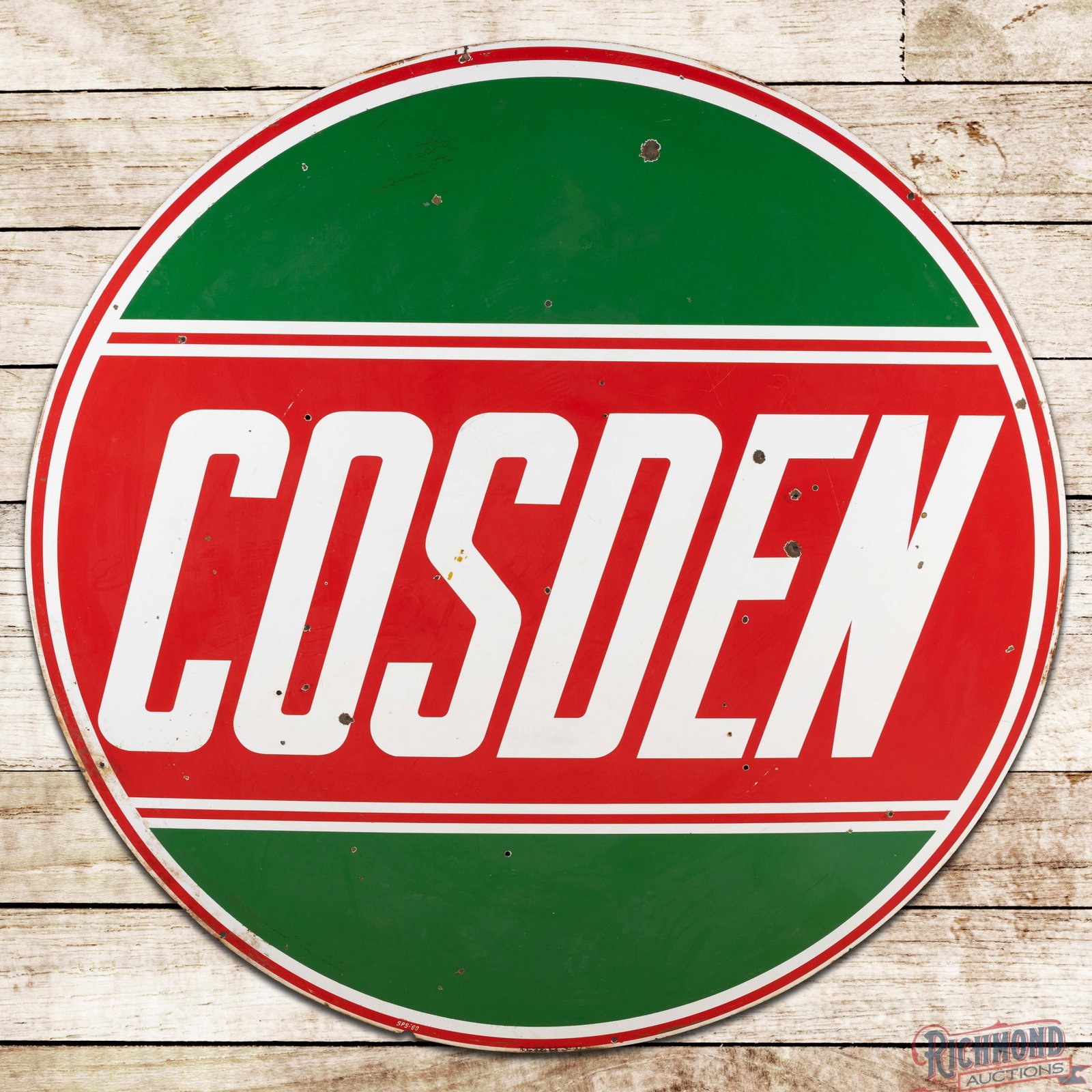1960 Cosden Gasoline 6' Double Sided Porcelain ID Sign: DSP (double sided porcelain) sign has very good color and gloss. Side #1 has small chips with light wear and small non-factory holes in the fields. The perimeter has areas of discoloration, errant pai