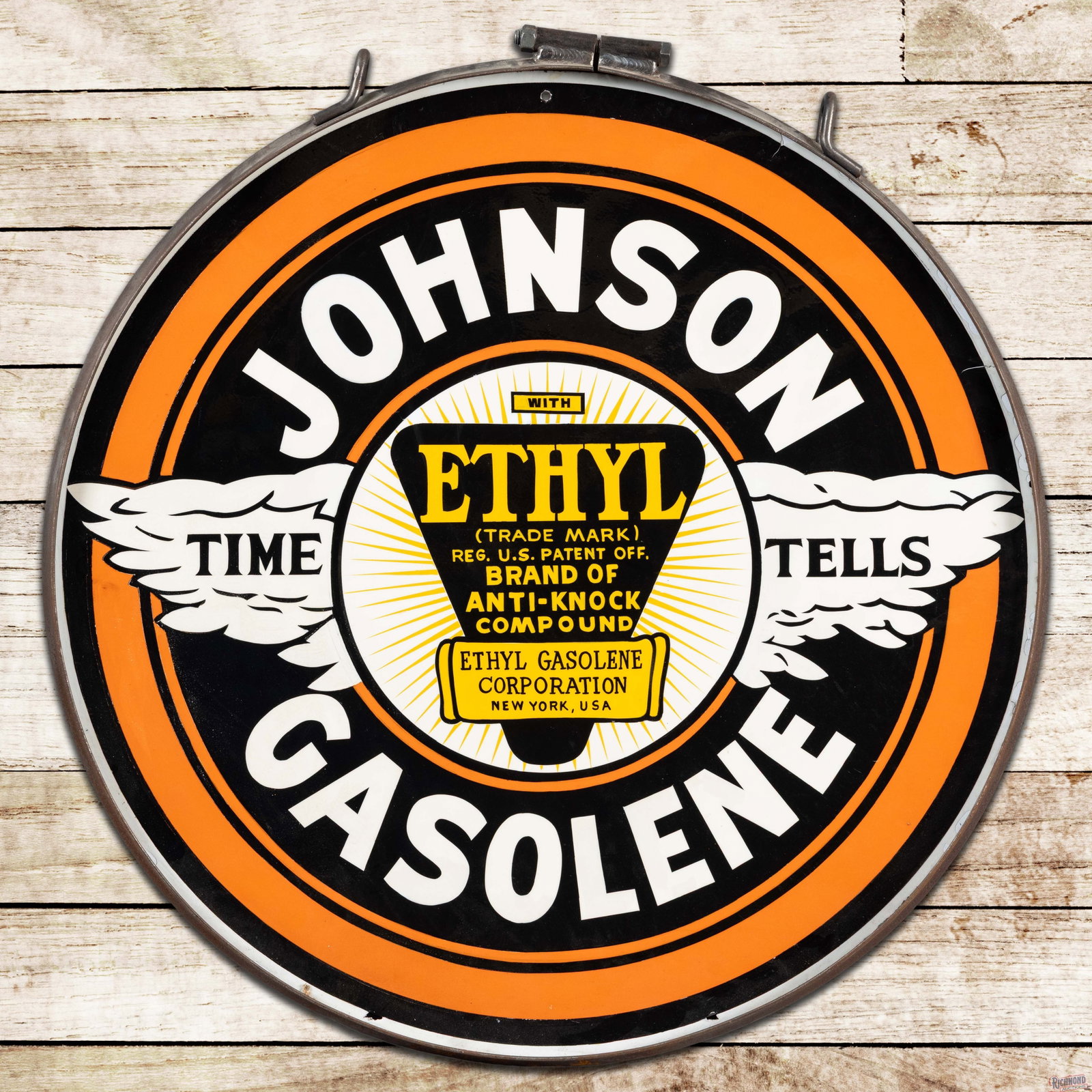 Johnson Ethyl Gasoline 30" Double Sided Porcelain Sign w/ Ring: DSP (double sided porcelain) sign with metal ring features a restoration on Side #1 and the reverse is original. The display has excellent color and gloss. The field is clean and the perimeter has sma