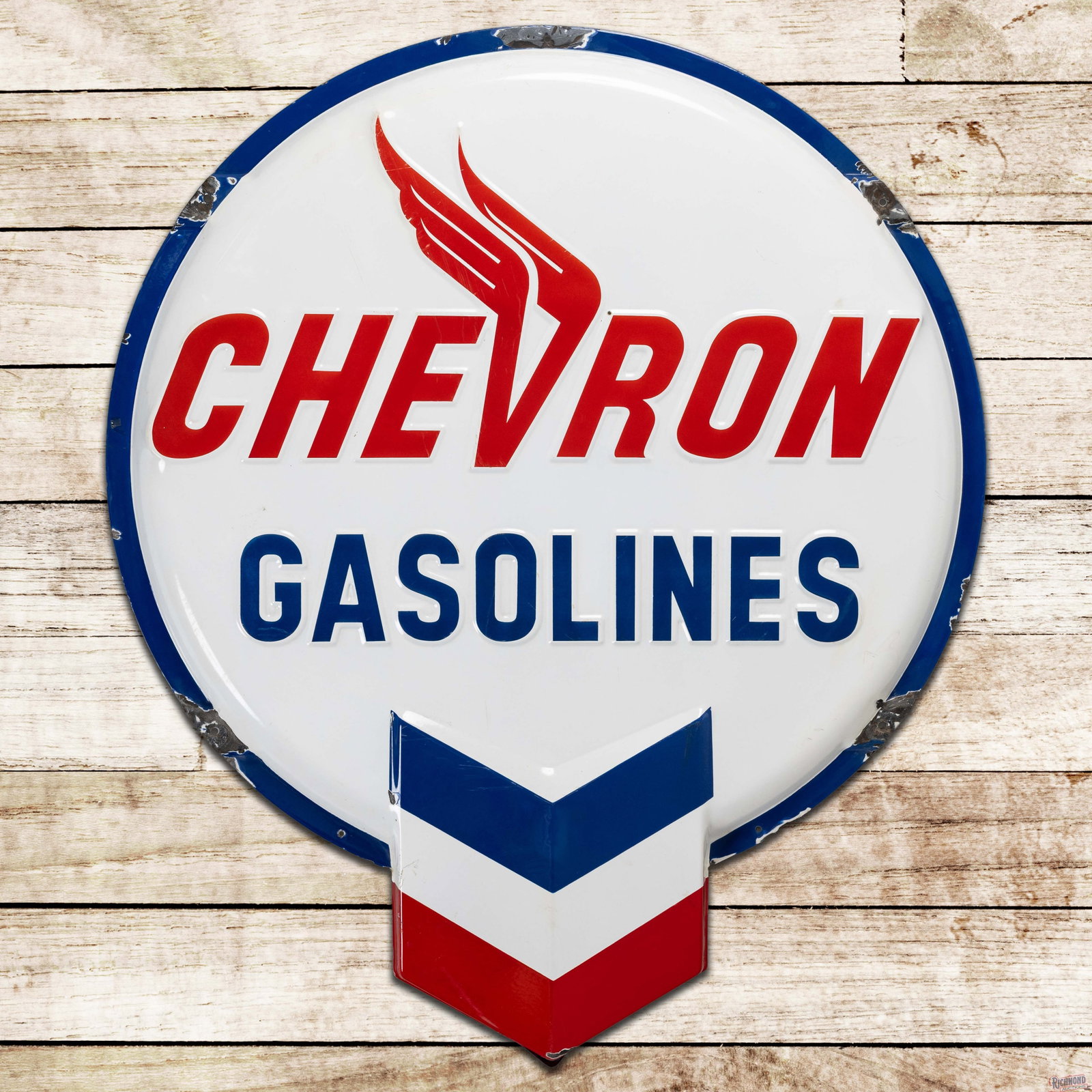 Chevron Gasoline 5' Die Cut Emb. Single Sided Porcelain Button Sign w/ Hallmark: SSP (single sided porcelain) die cut embossed convex button sign has excellent color and gloss. The display has an eraser-sized chip in the field with fine scratches and surface rubs. The right outer 