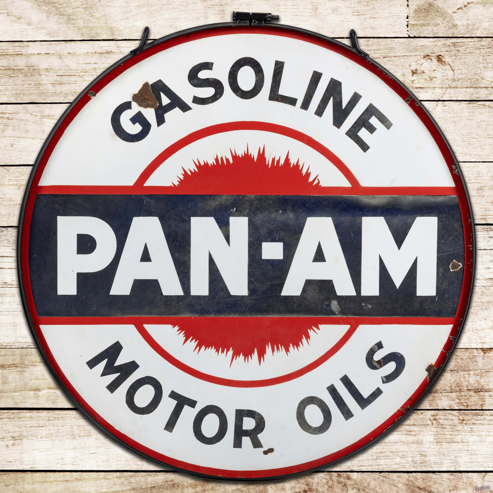 Pan-Am Gasoline Motor Oils 42" Double Sided Porcelain Sign w/ Ring (1 of 3)