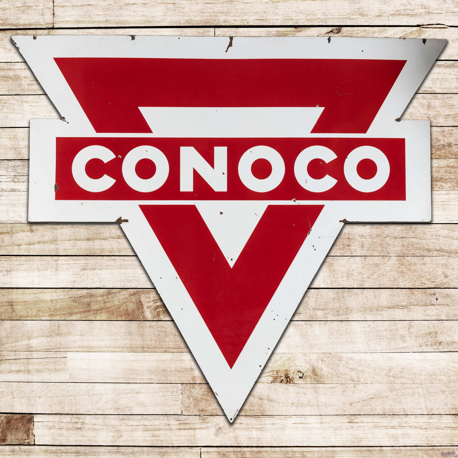 Conoco Gasoline 6' Die Cut Double Sided Porcelain ID Sign: DSP (double sided porcelain) sign has excellent color and gloss. The display has marks with small chips in the fields with a few tiny areas of color match. The perimeter has additional chips with erra