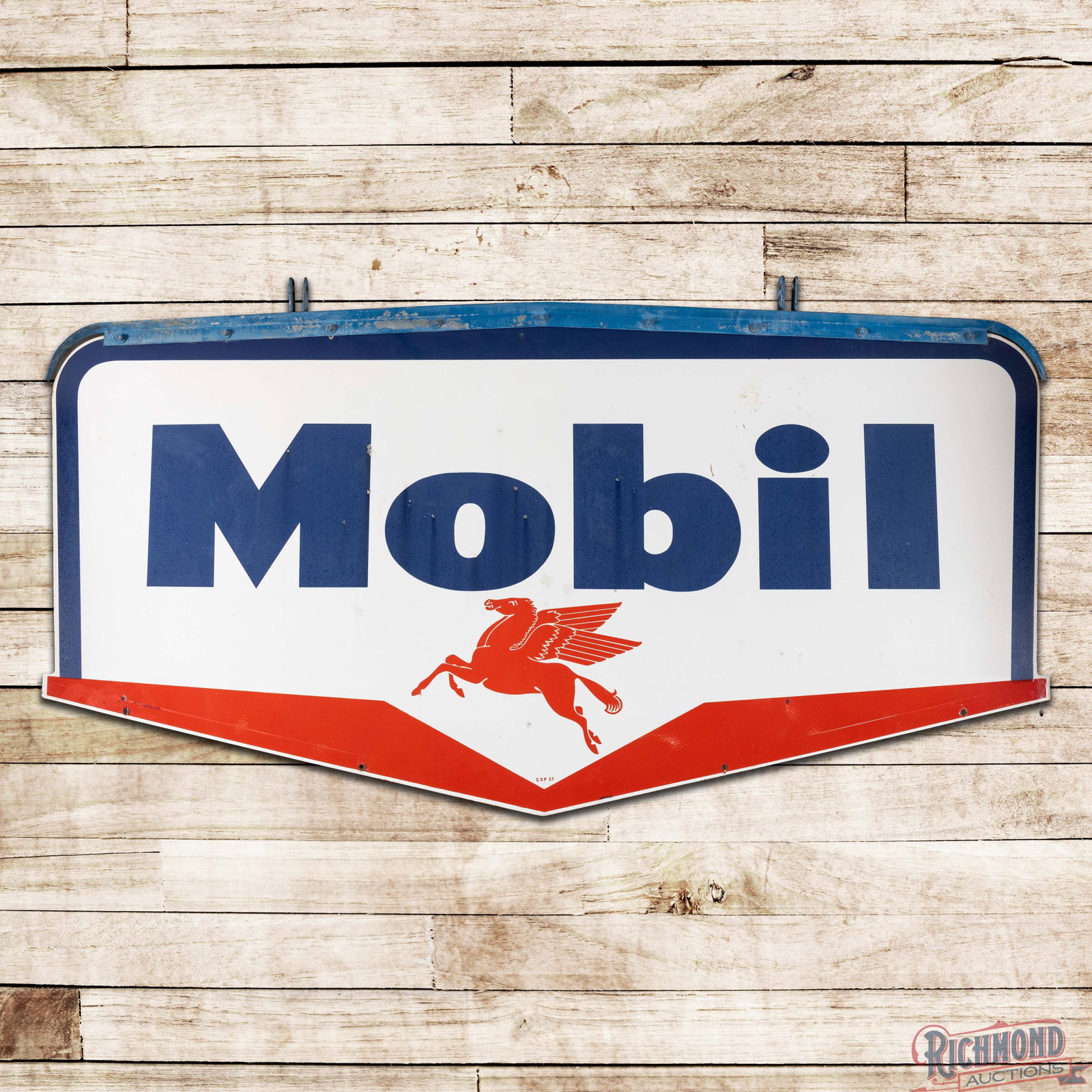 1957 Mobil Gasoline 8.5' Die Cut Double Sided Porcelain ID Sign w/ Pegasus: DSP (double sided porcelain) die cut guillotine sign with hanging bracket has good color. Side #1 has surface wear with color matched chips in the fields and cloudiness to the blue porcelain enamel. T