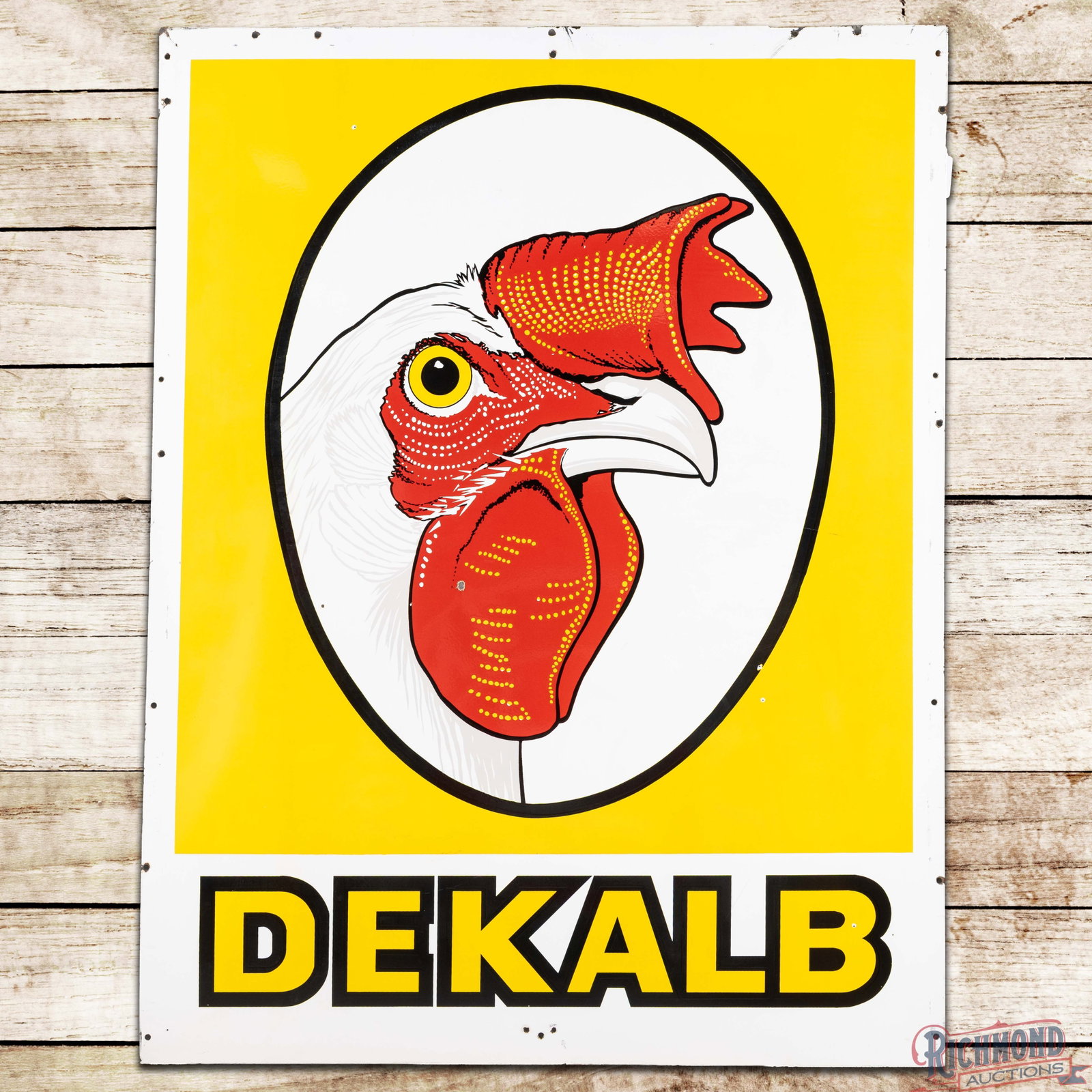 Dekalb Single Sided Porcelain Sign w/ Chicken Logo: SSP (single sided porcelain) sign has outstanding color and gloss. The display has small chips in the fields with a few additional small chips in the outer fields. The perimeter has light wear, marks,