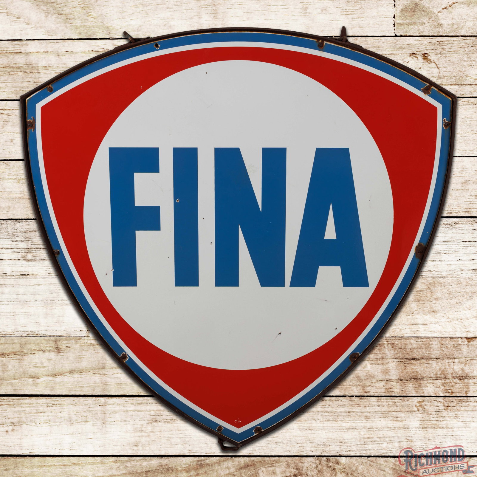 Fina Gasoline 4' Double Sided Porcelain ID Sign w/ Frame "Minor": DSP (double sided porcelain) sign with the original ring has excellent color and gloss. Side #1 has light wear with small chips in the fields. The perimeter has small chips at the mounting holes and m