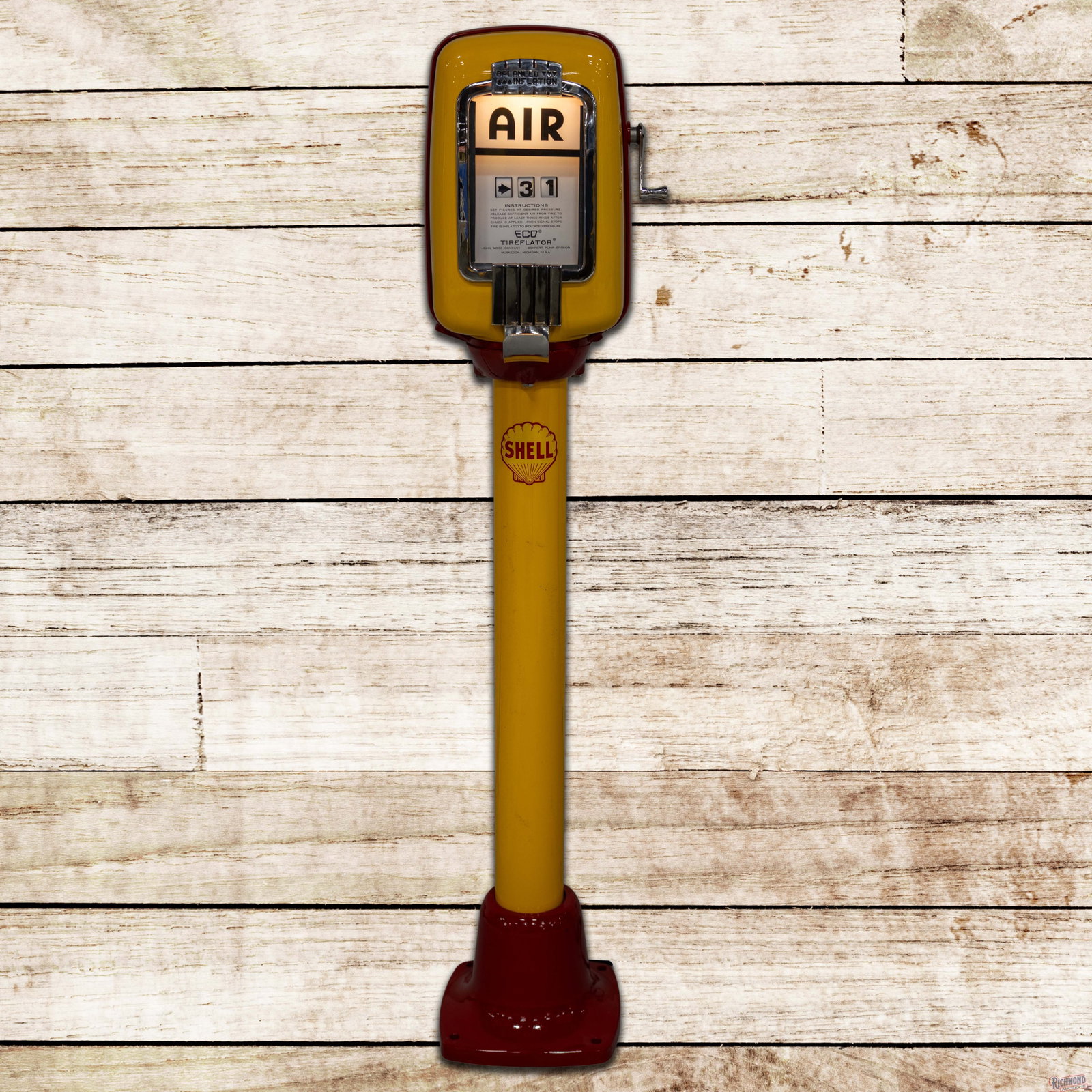 Eco Tireflator Air Meter Shell Gasoline Professionally Restored: Eco Tireflator with pedestal base that has been professionally restored. The meter features vibrant yellow and red paint with high gloss.. The meter includes chrome trim, a new manufacturer plate on t